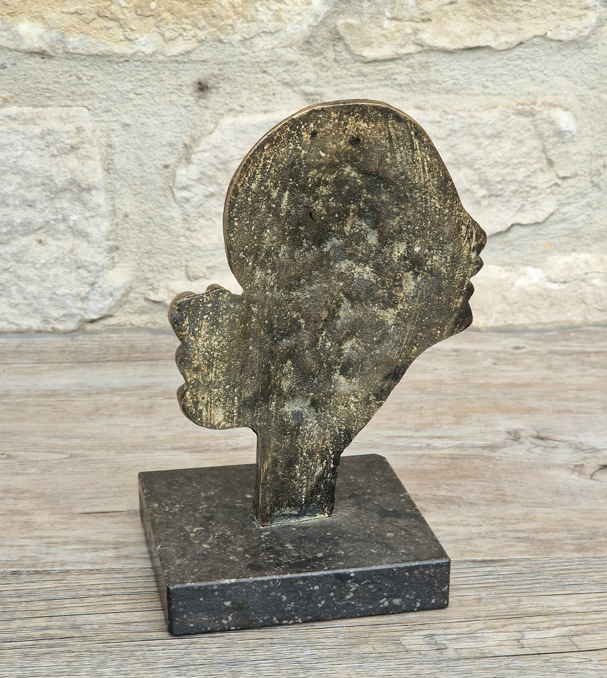 Art Deco Cast Bronze Girl's Head Profile Black Marble Mounted Desk Sculpture