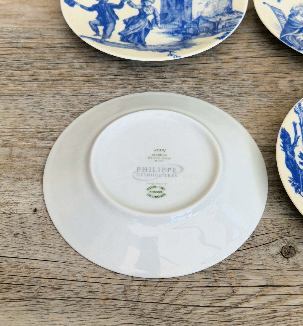 Set of Six Toile De Jouy Blue Salad or Dessert Plates Philippe Deshoulieres France. Boxed & Unused