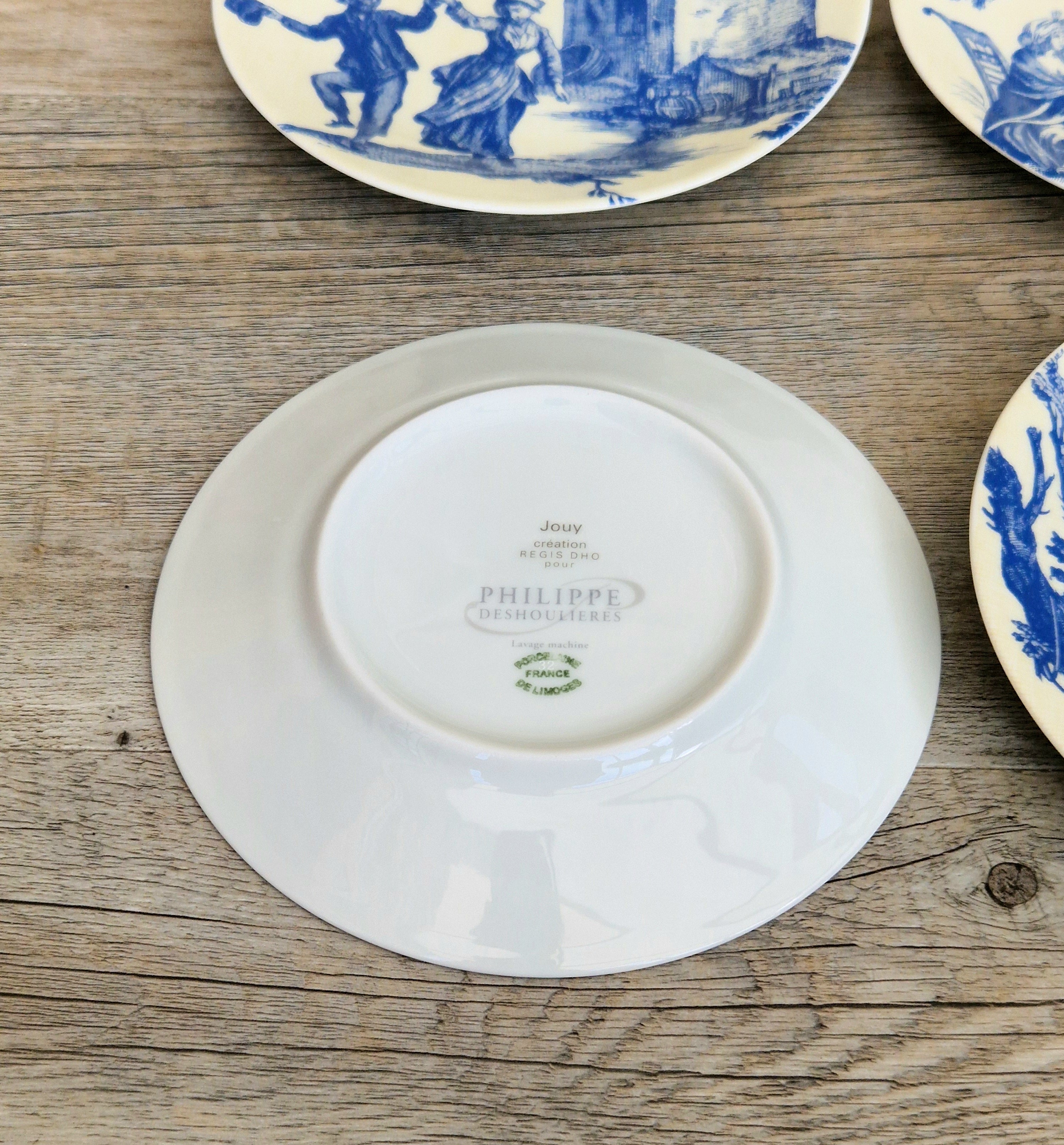 Set of Six Toile De Jouy Blue Salad or Dessert Plates Philippe Deshoulieres France. Boxed & Unused