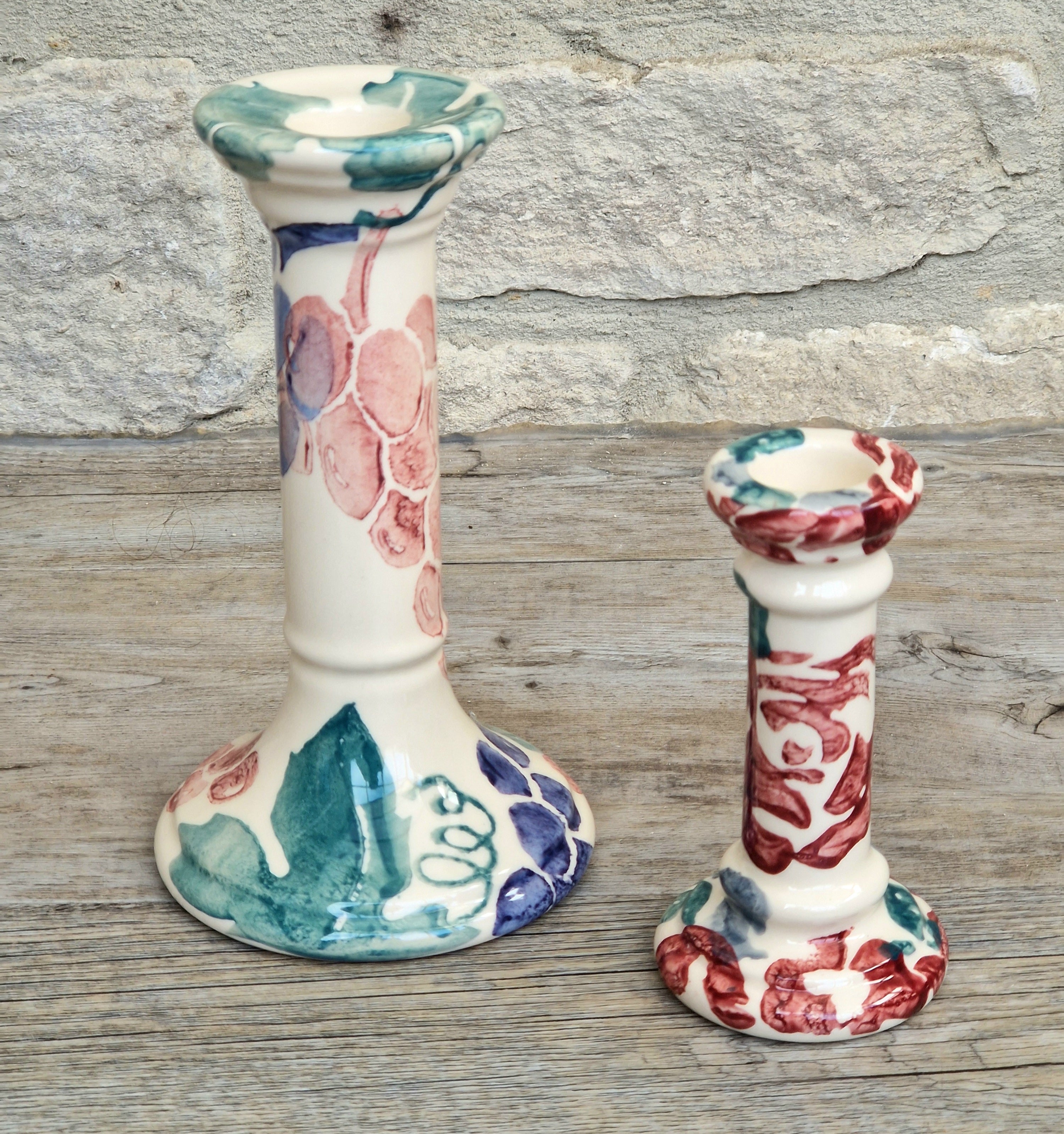 2 x Emma Bridgewater Spongeware Grapes & Roses Candle Sticks Candle Holders Vintage Early