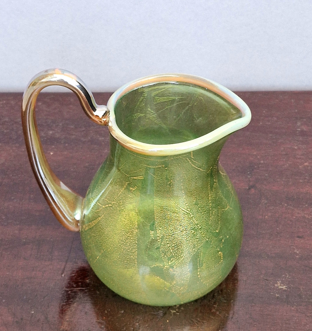Antique Probable Salviati Dott. Murano Glass Jug, Green Gold Leaf, Venetian c.1875–1890, Handblown 13.5cm Rare