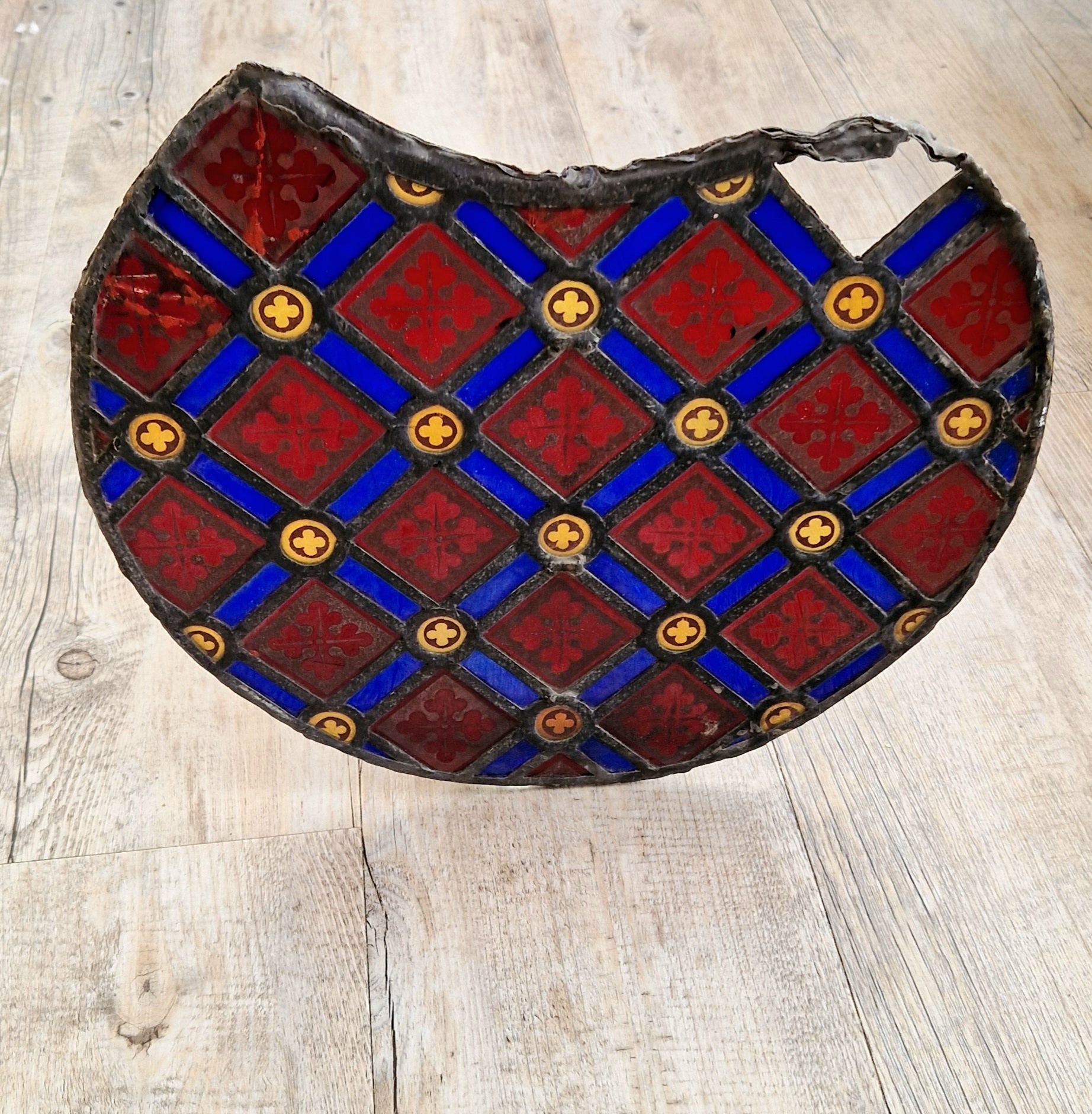 Rare Antique Early 19th Century French Gothic Revival Stained Glass Roundel Panel - Medieval Style Diaper Pattern