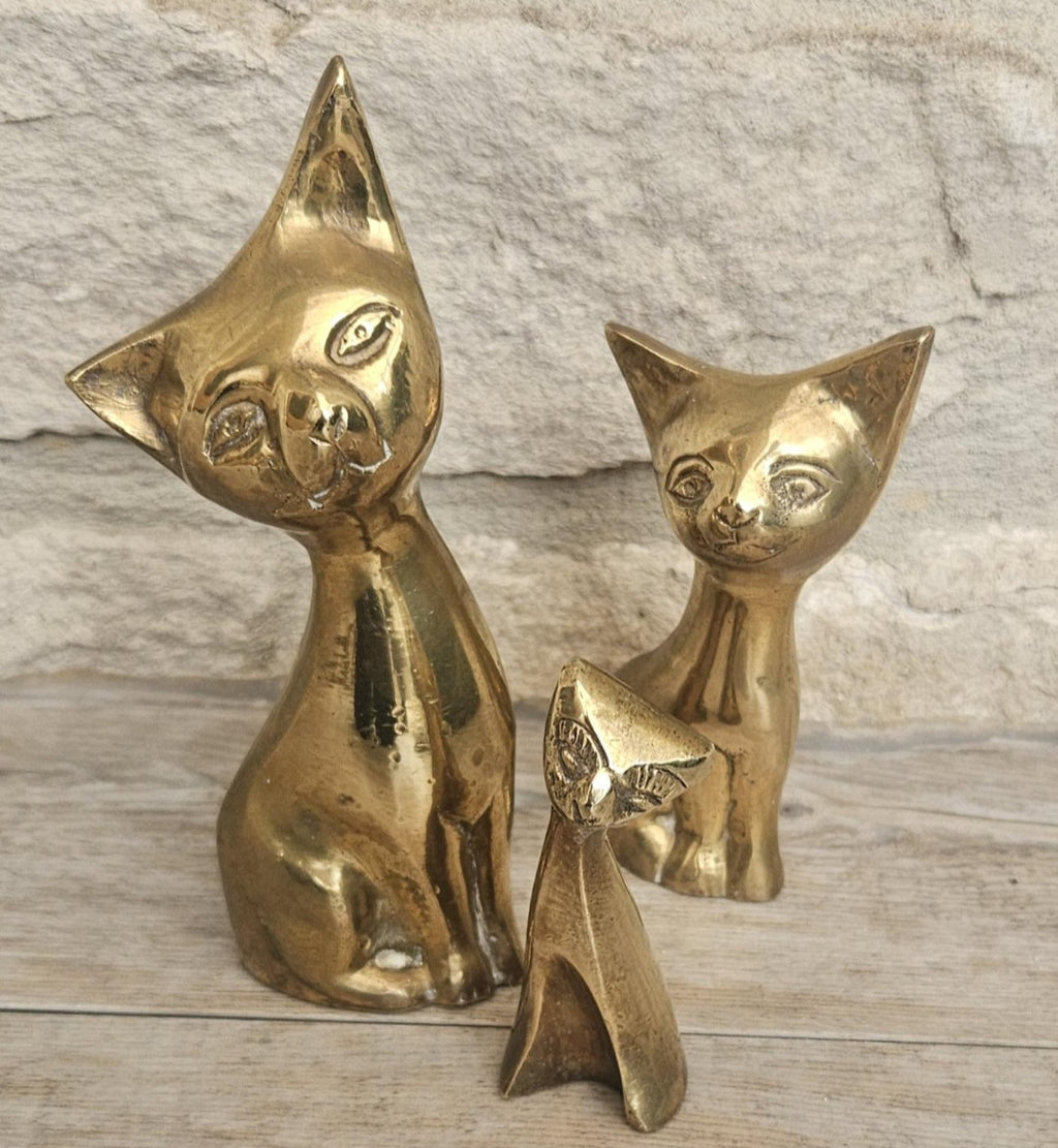 Mcm Solid Brass Cats Figures Ornaments  X3 Brass Cat Family Heavy with Patina