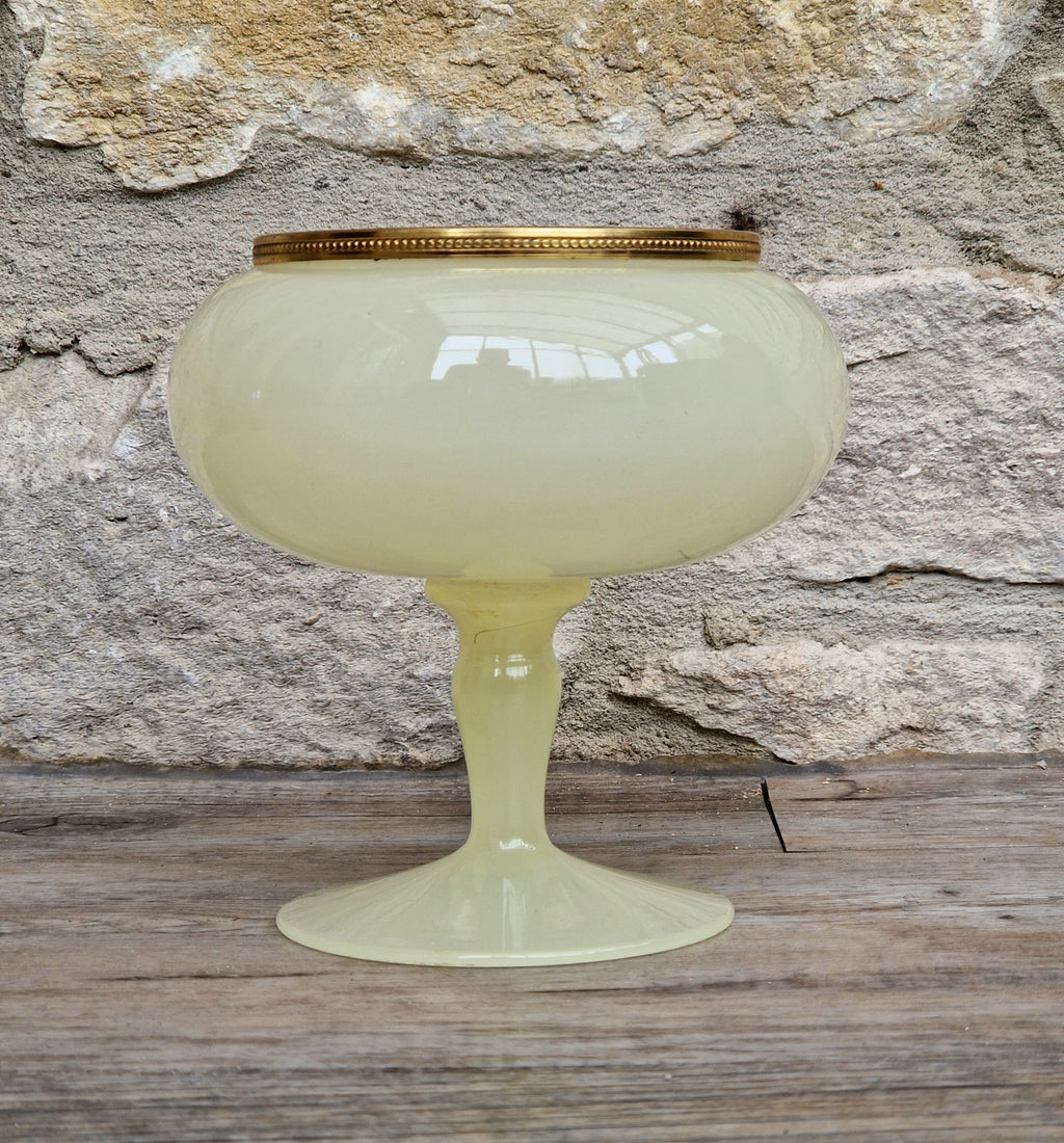Vintage Italian Opaline Green Glass by Vincenzo Nason 1950s Hand Blown Gilt Rim Pedestal Candy Dish