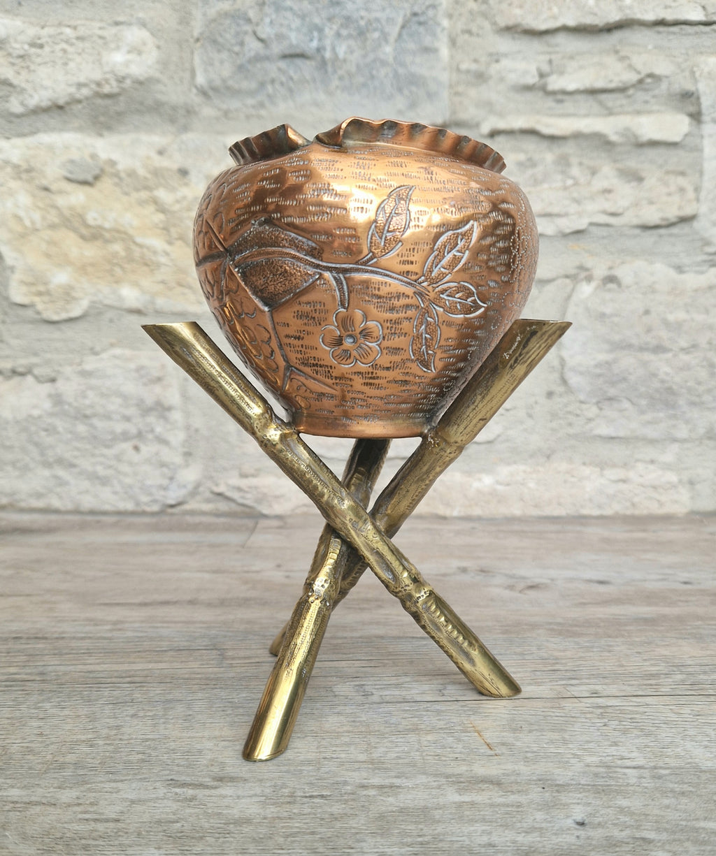 Pair of Antique Japanese Aesthetic Movement Arts & Crafts Copper And Brass Faux Bois Jardinieres