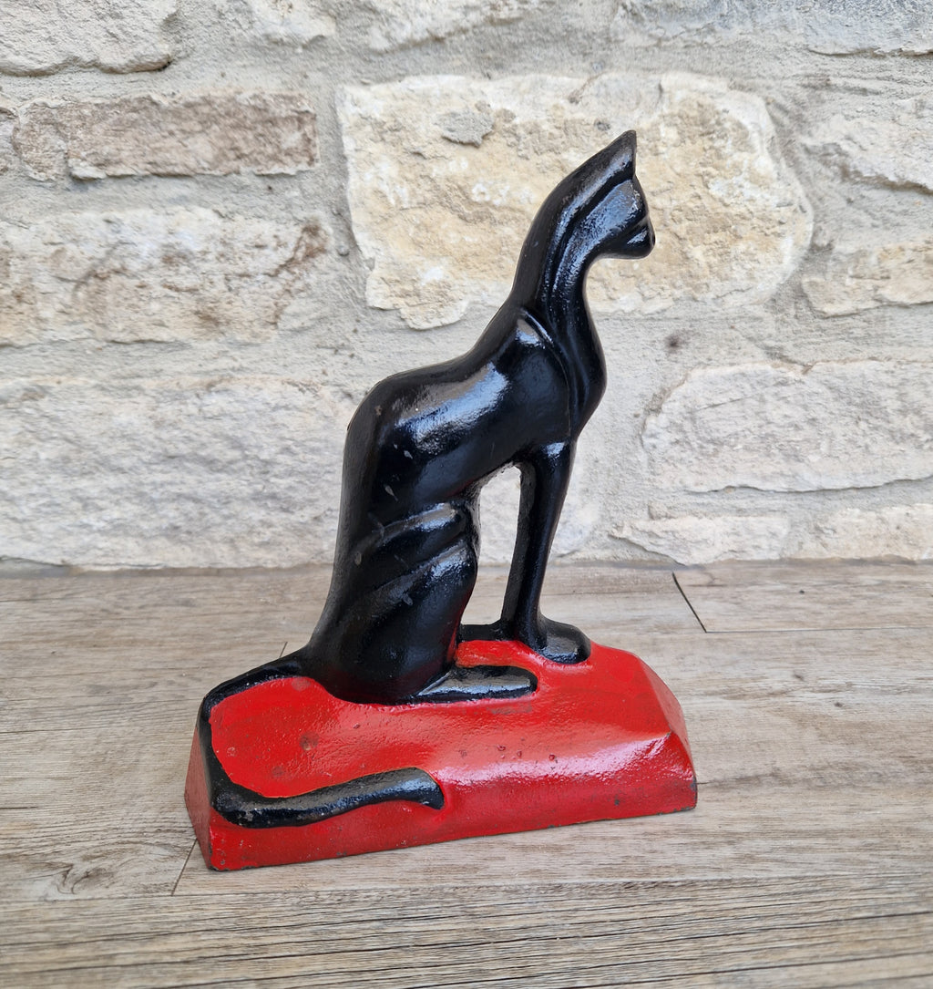 Antique Rare Cast Iron Art Deco Black Sitting Cat Doorstop