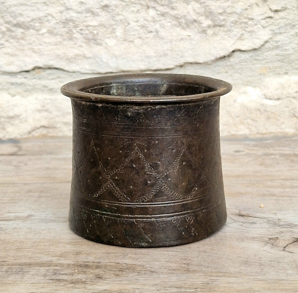 Antique 19thC Indian Bronze Panchpatra Holy Water Cup Heavy Cast Ritual Puja Pot 383g