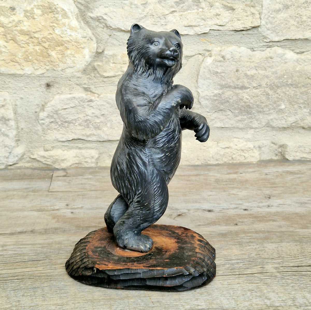 Cast Spelter Standing Bear Sculpture On Rustic Wood Base Rare Antique Art Deco