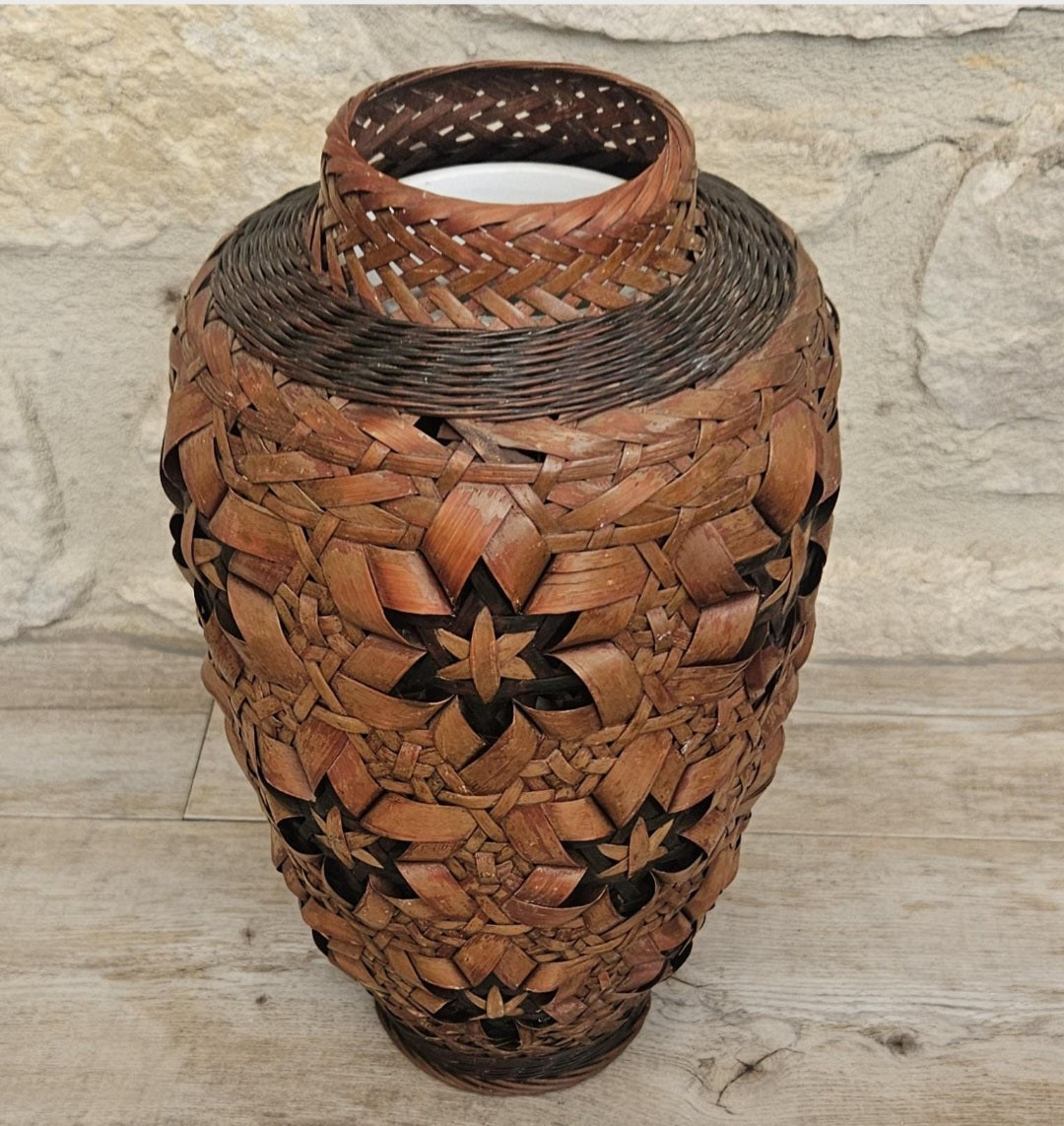 Vintage Japanese Ikebana Vase, Rattan Wrapped Ceramic Insert, Floral Arrangement Vessel, 26cm Tall Decor Piece
