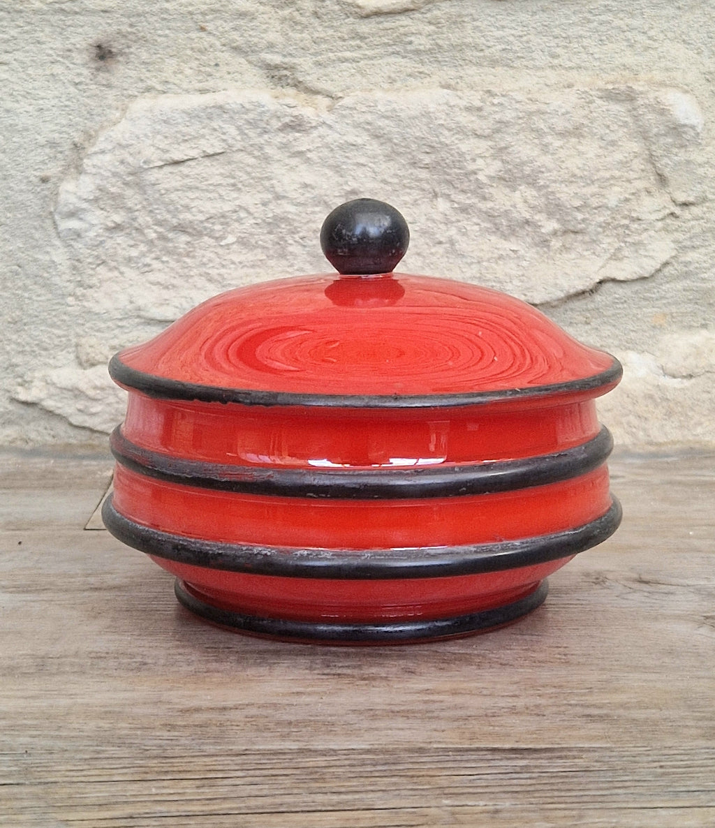 Art Deco Bohemian Red Black Hooped Glass Powder Box Covered Vanity Jar Jar Lid 12cm