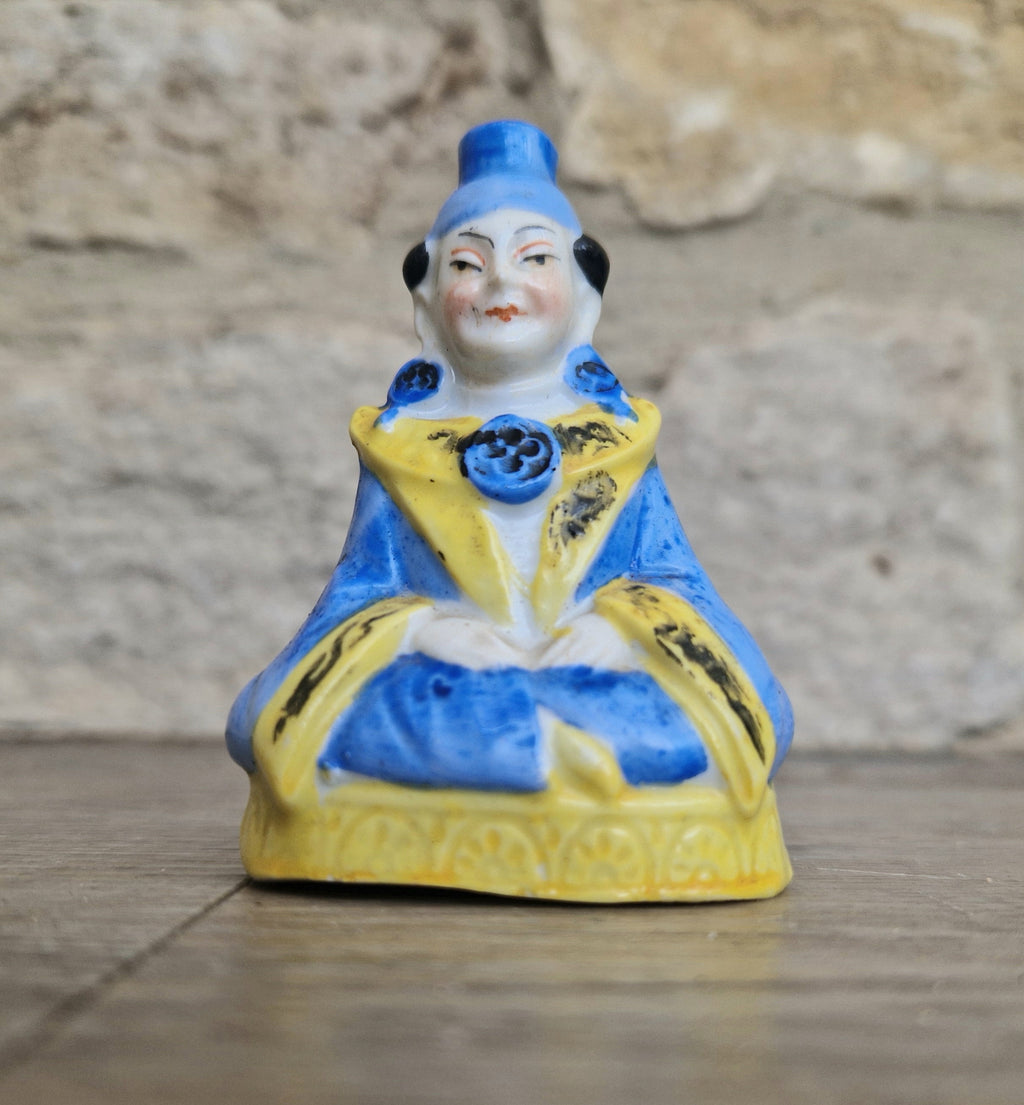 Antique Sitzendorf Ceramic Seated Figure Perfume Bottle - Missing Crown Top