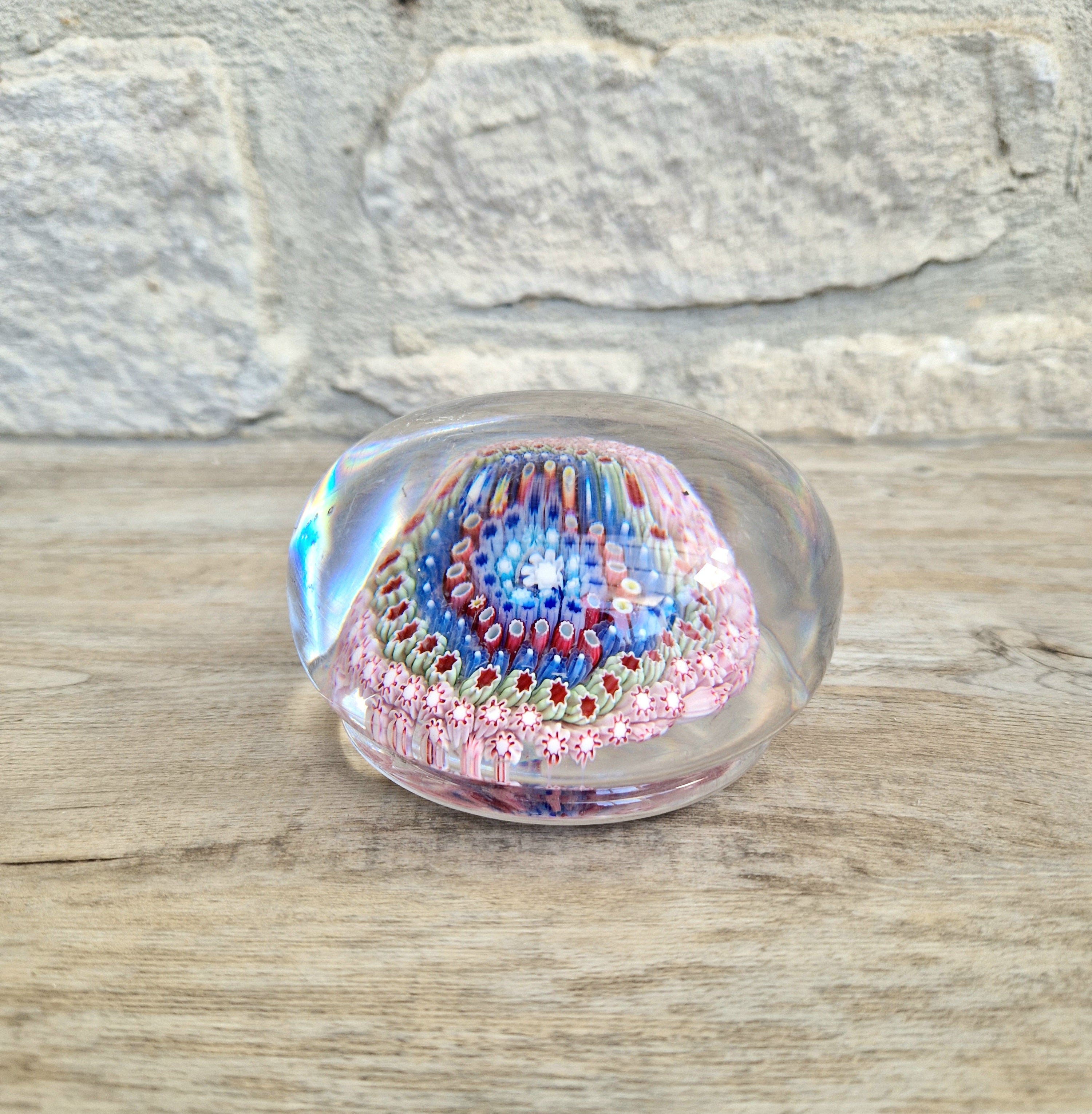 Old English Richardsons Magnum Concentric Millifiore Canes Footed Glass Paperweight