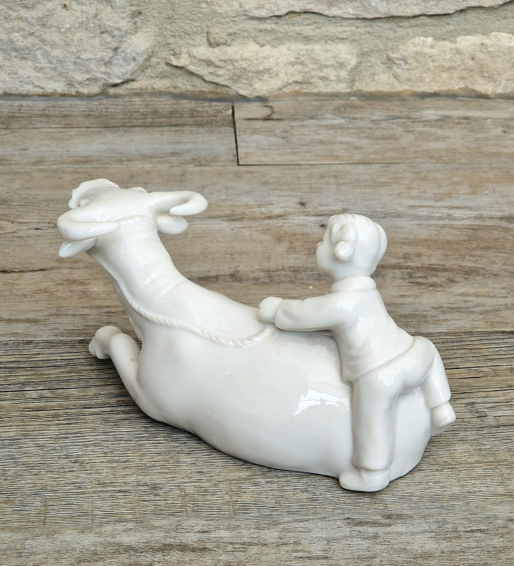 Vintage Chinese Blanc De Chine Porcelain Figurine Girl Riding Water Buffalo Ox Ceramic Home Ornament