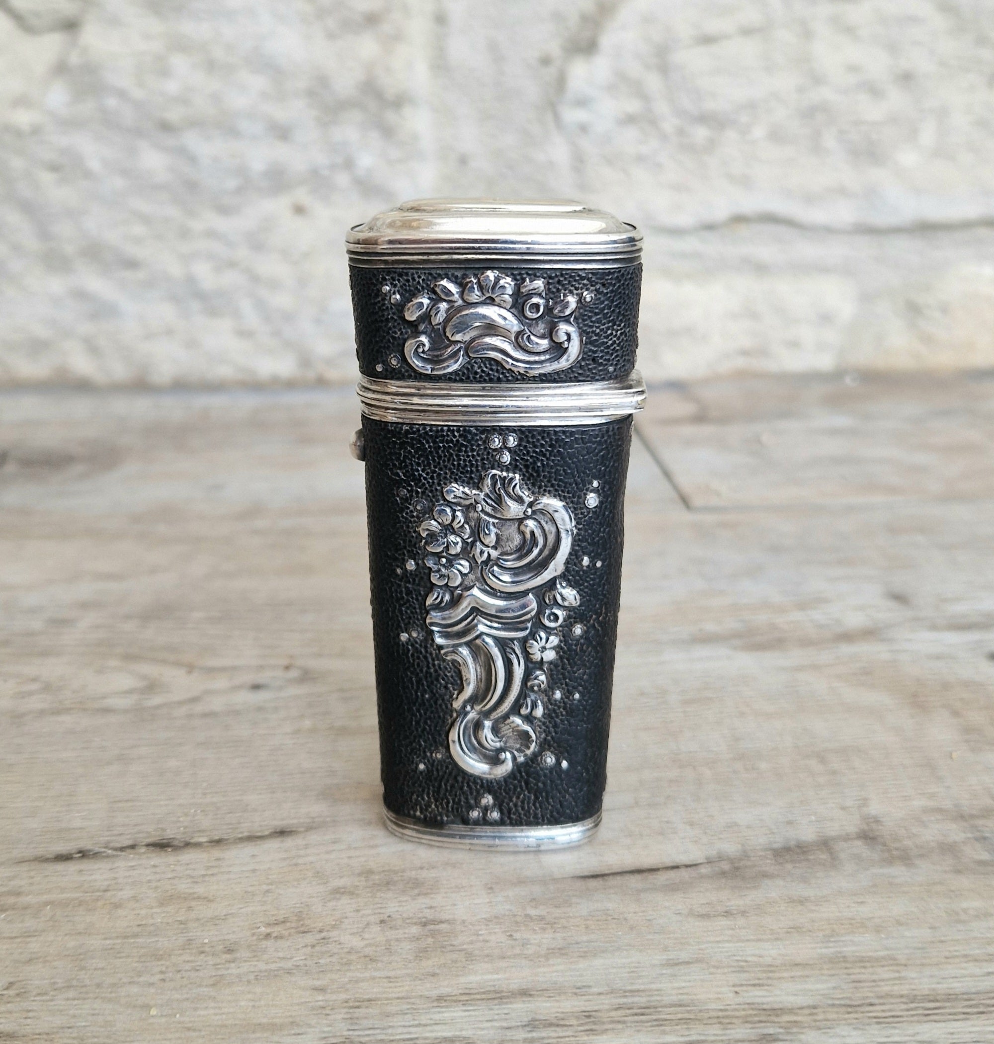 18th Century Etui French Black Shagreen & Silver Necessaire Case Rare Early Example