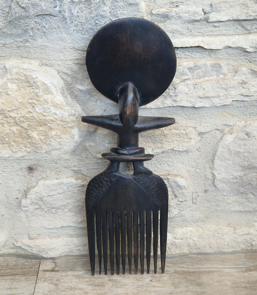 Vintage 31cm Ashanti Wooden Comb Duafe Hand Carved African Tribal Art Ghana Akuaba Doll