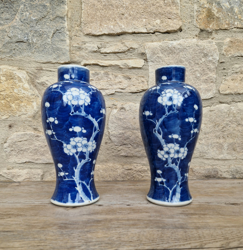 Pair Kangxi Style Blue & White Prunus Baluster Garniture Vases