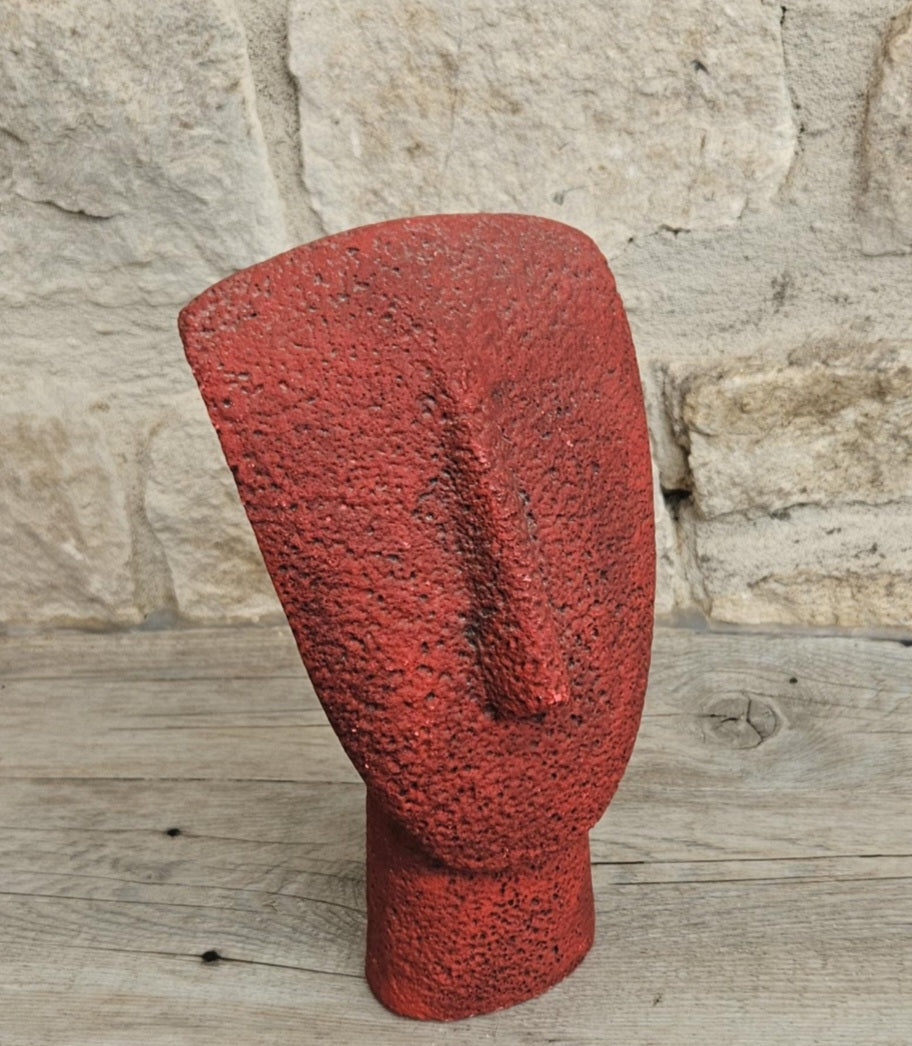 Vintage Red Cycladic Head Sculpture Minimalist Pop Art Textured Resin 18.5cm Tall