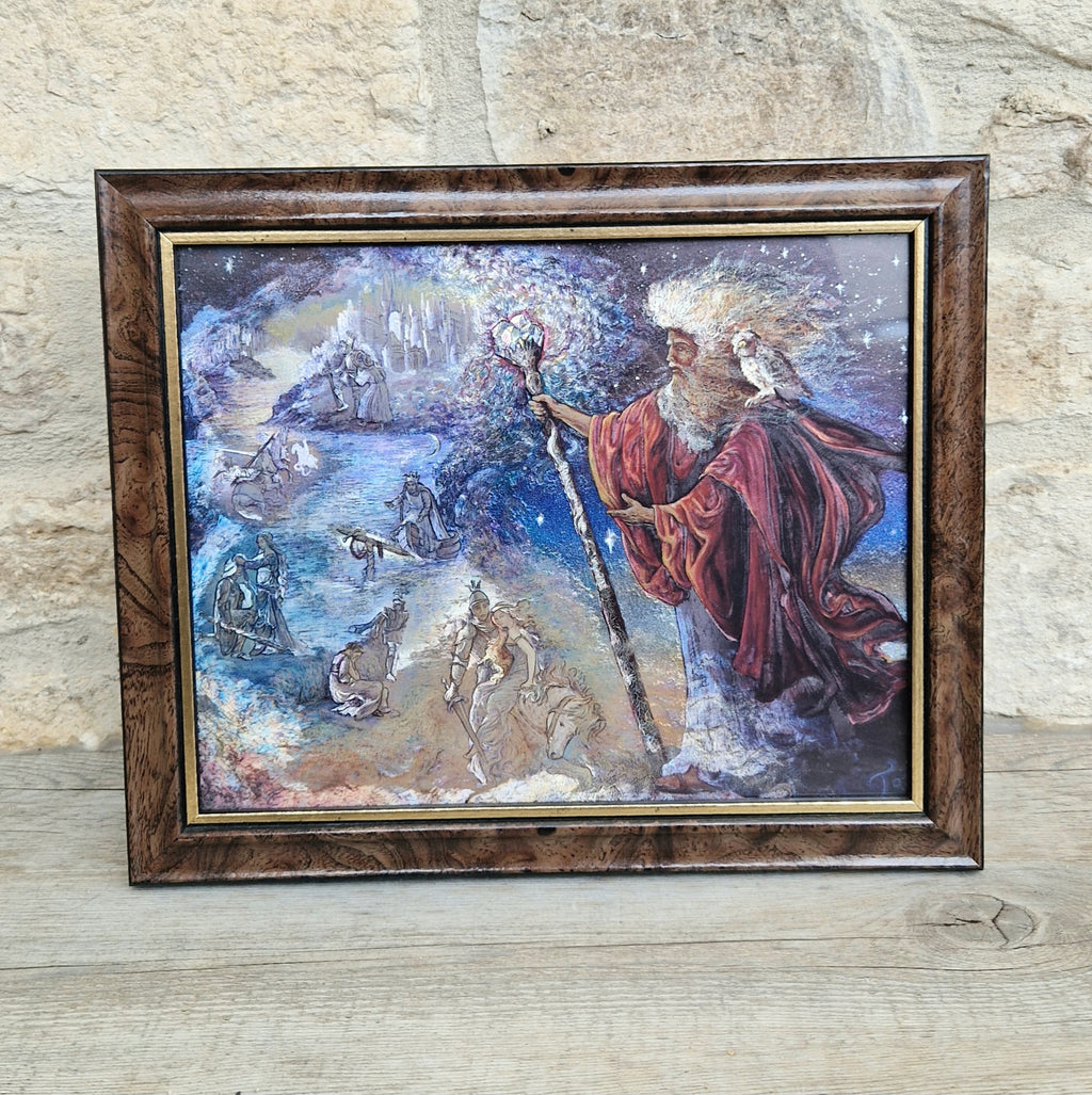 Vintage 1990s Foil Art Print Titled "Merlin's Quest" by Artist Josephine Wall Framed