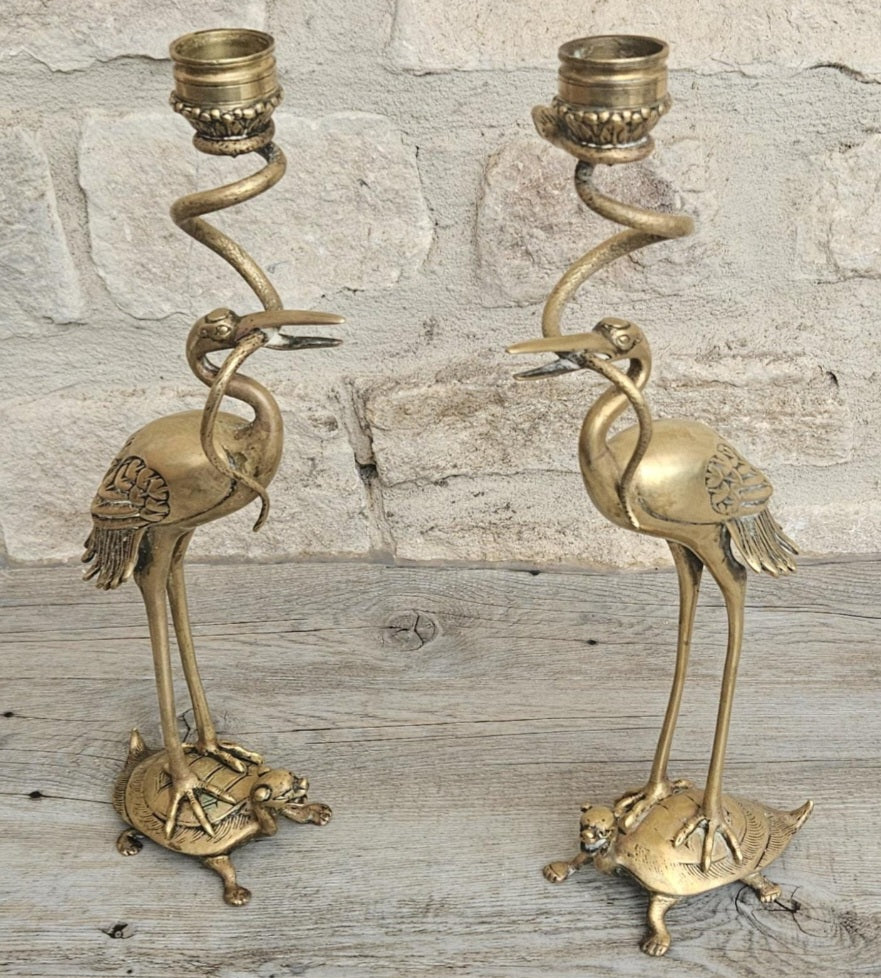 Pair of Antique Candlesticks Japanese Brass Crane Standing On Turtle With Snake Buddhist Early 20th C.
