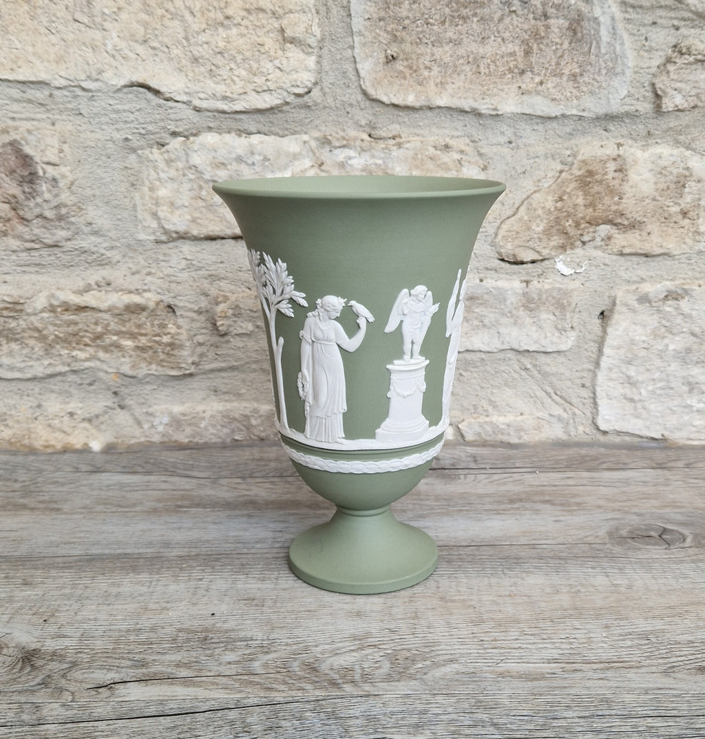 Wedgwood Sage Green Jasperware Arcadian Pedestal Trumpet Mantle Vase - Vintage.Made in England 17cm Tall