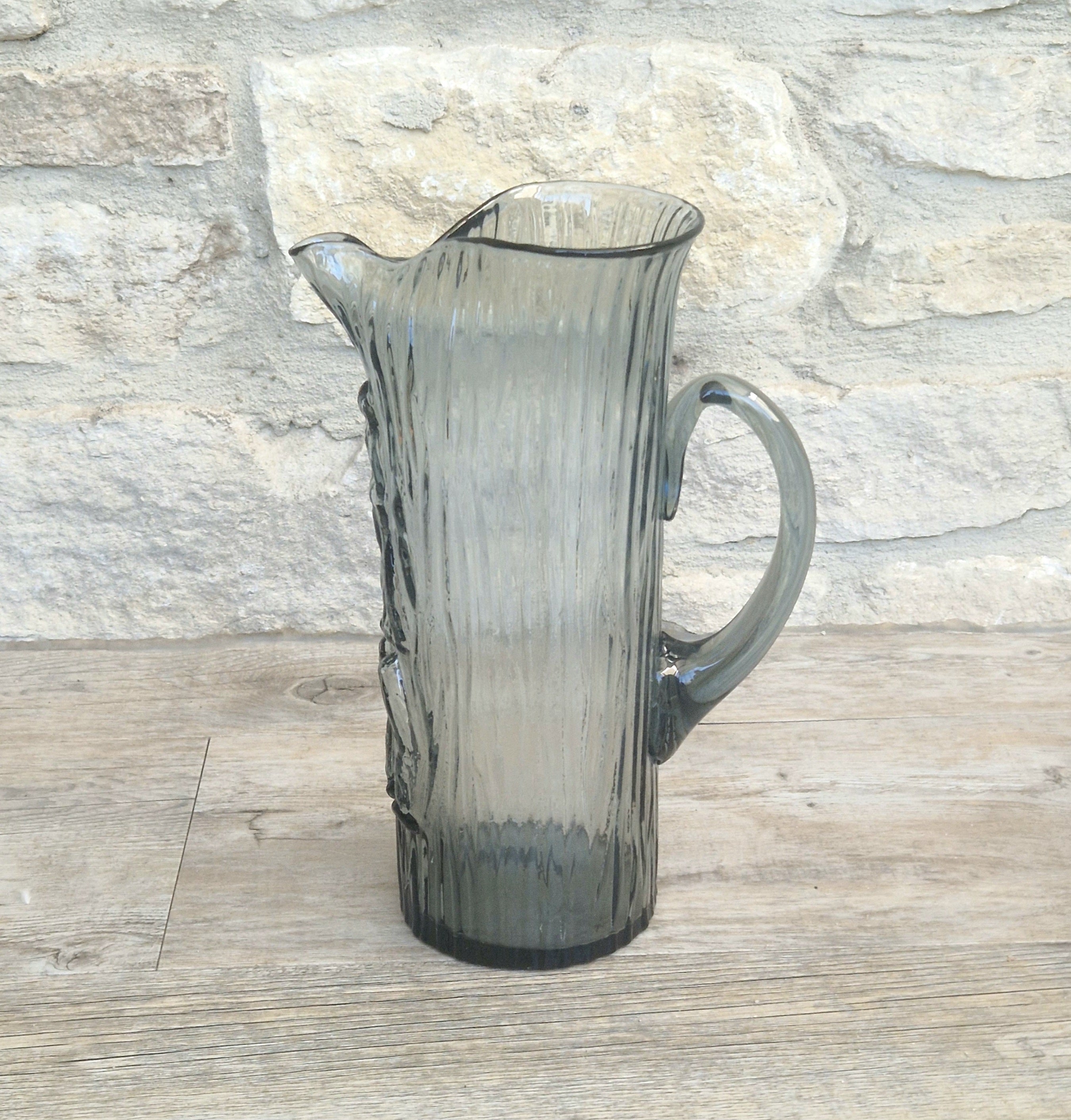 Björkshult Glassworks Sweden Hand Blown Mid Century Textured Smoke Glass 'Viking Pitcher Large