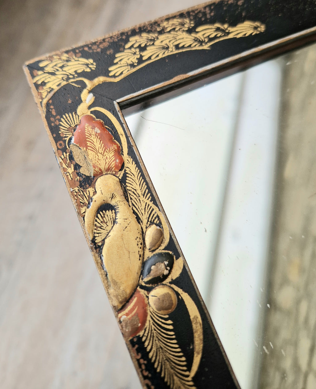 Antique Edwardian Chinoserie Black & Gilt Japanned Rectangular Wall Mirror