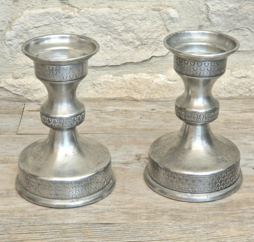 Vintage Norwegian Pewter Candlesticks Pair Olav Cook Mid Century Scandinavian Viking Decor