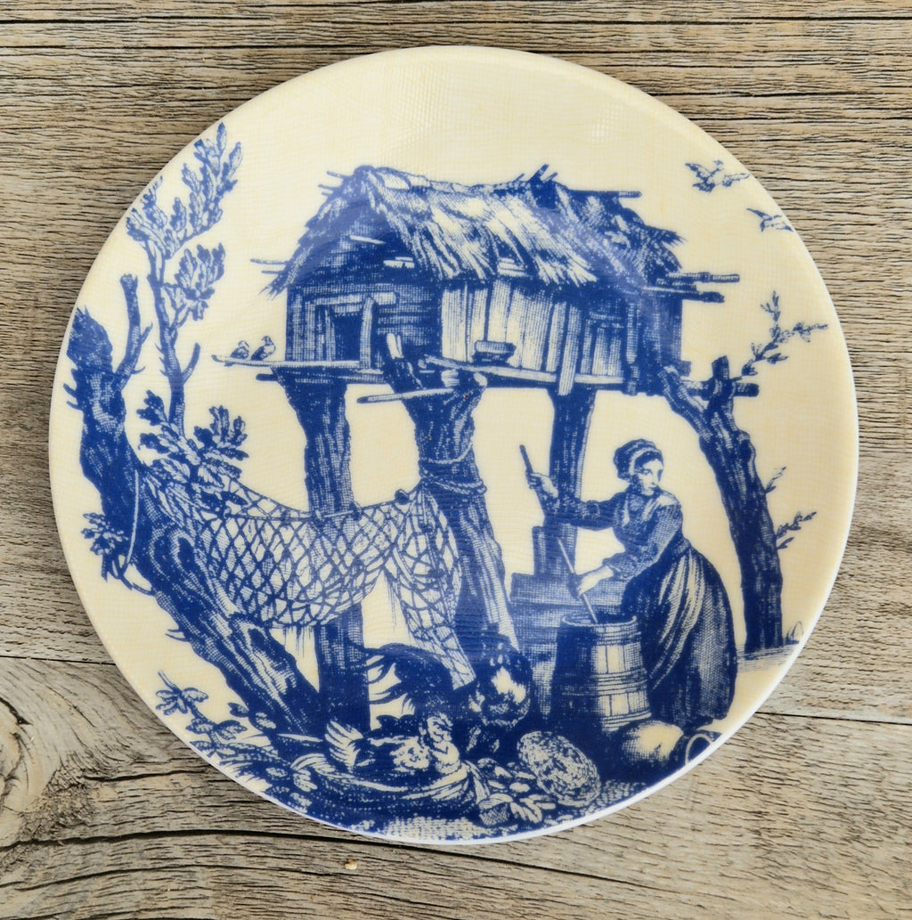 Set of Six Toile De Jouy Blue Salad or Dessert Plates Philippe Deshoulieres France. Boxed & Unused