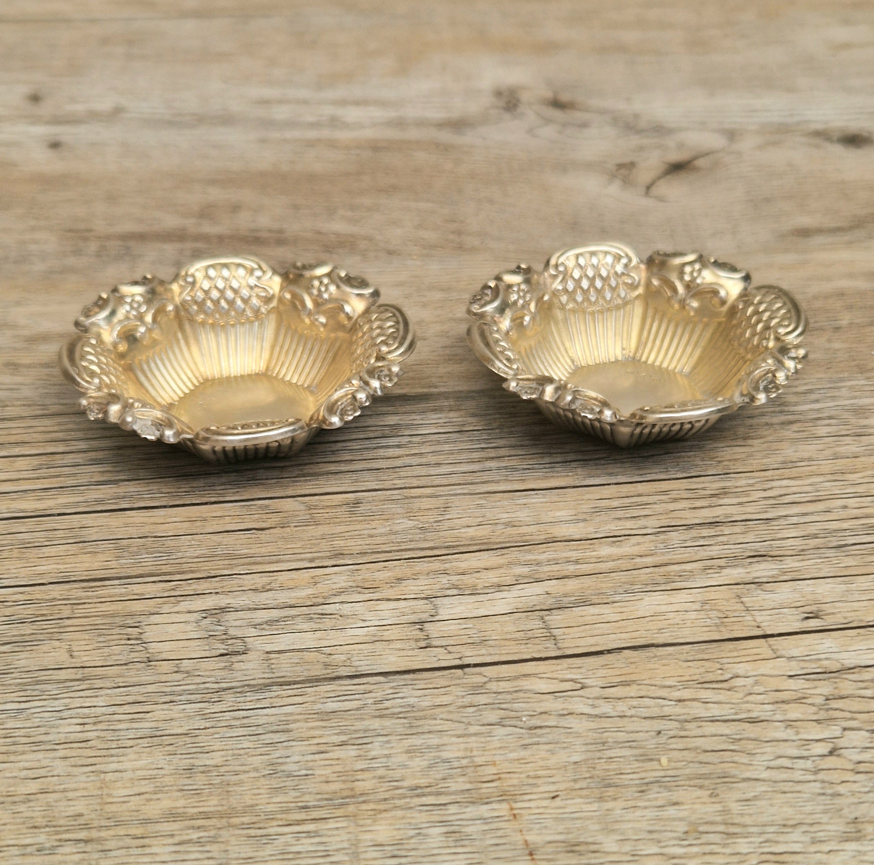 2 x 1897 Sterling Silver Ornate Open Salts by Thomas Hazlewood Birmingham England Antique
