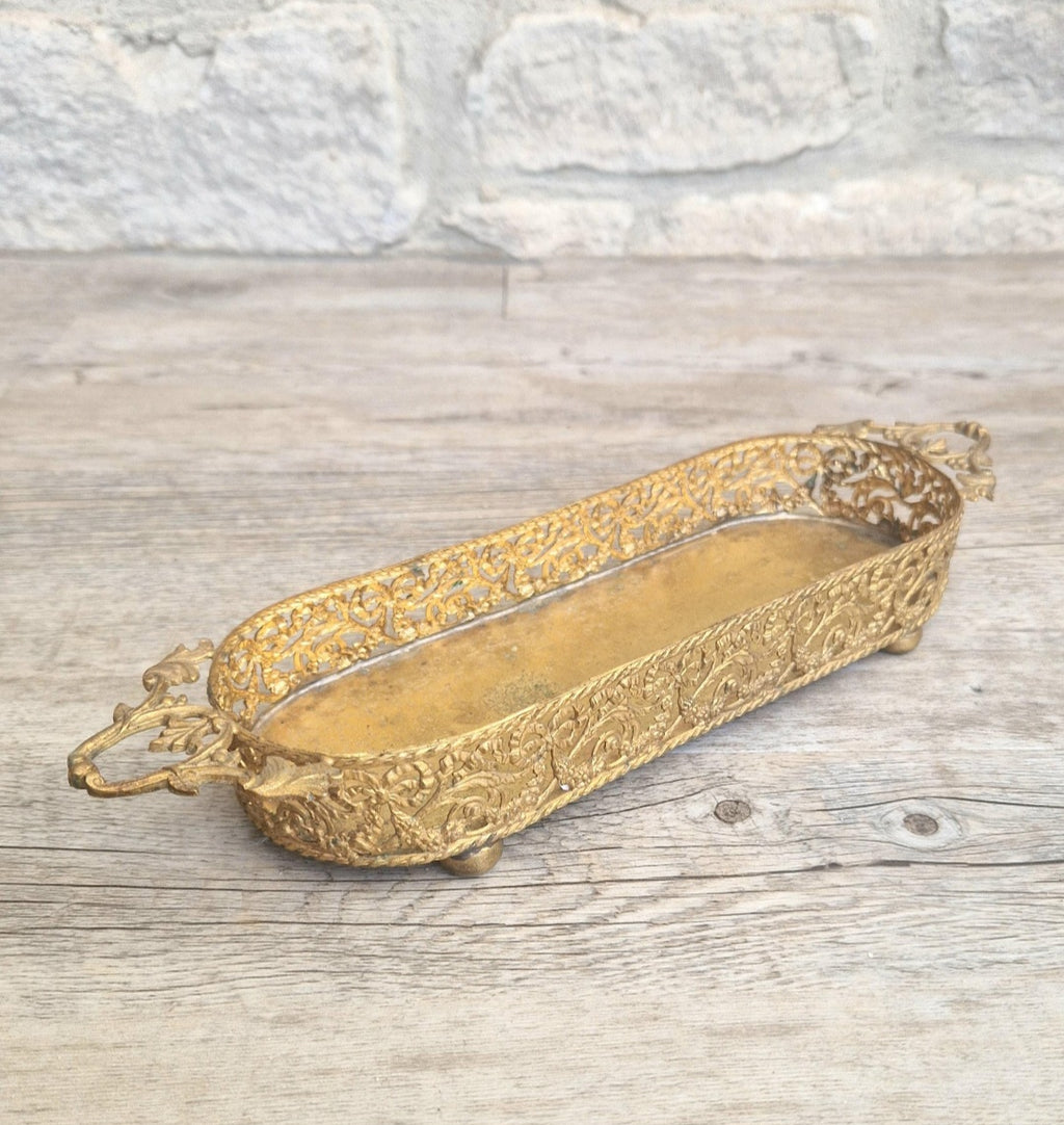 Antique Brass Filligree Rococo Style Desk Pen Tray Holder
