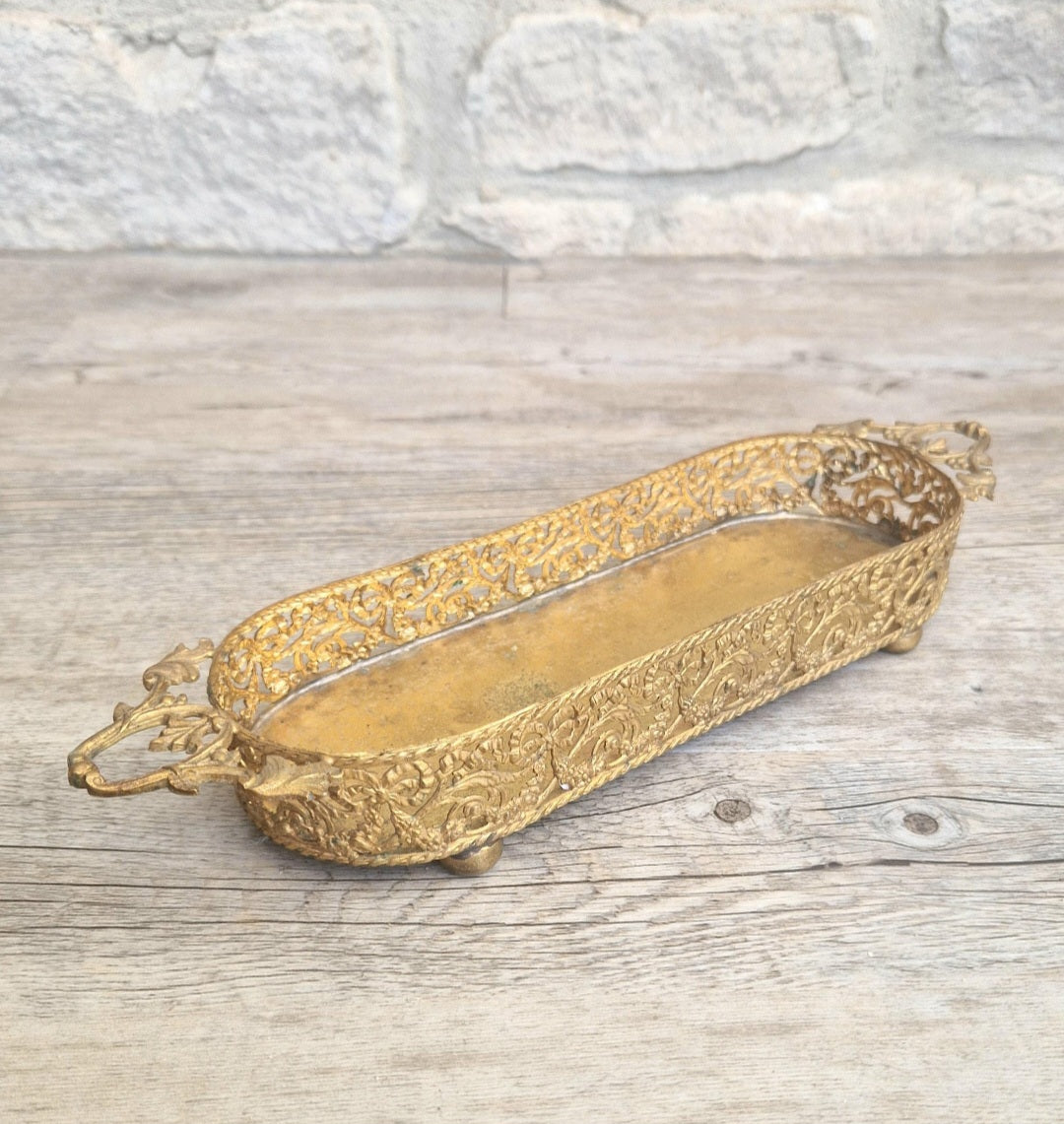 Antique Brass Filligree Rococo Style Desk Pen Tray Holder
