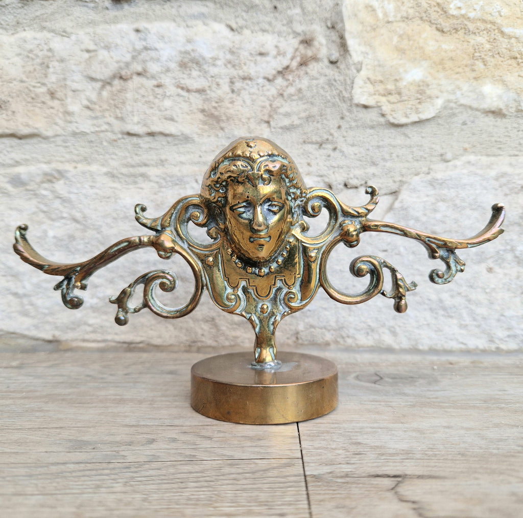 Brass Neo Classical Female Figural Pediment Mounted On Heavy Antique Paperweight