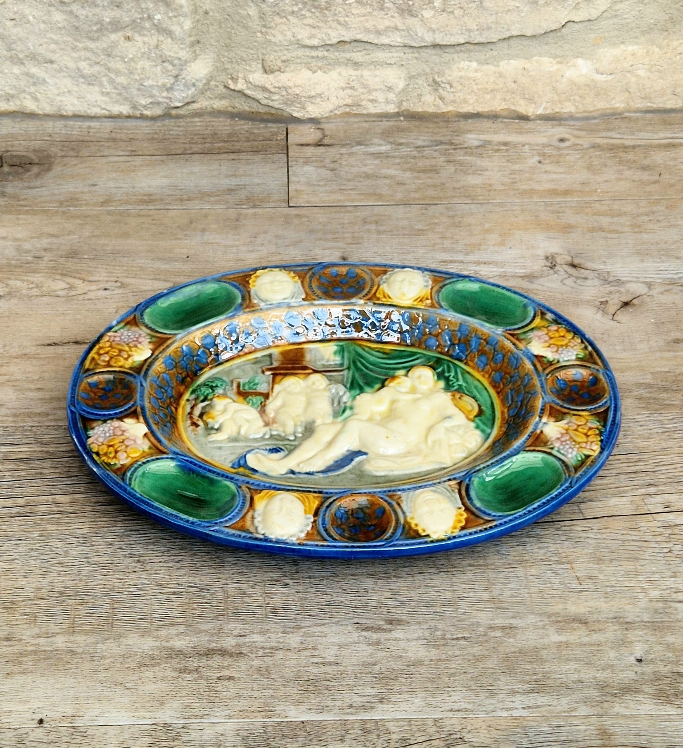 Antique Majolica Neoclassical Oval Serving Dish With Decorative Putti & Masks