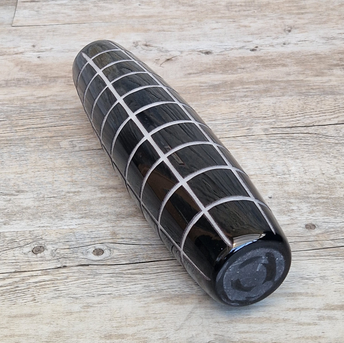Mid-Century Modern Black & White Cased Cameo Art Glass Tall Geometric Grid Vase
