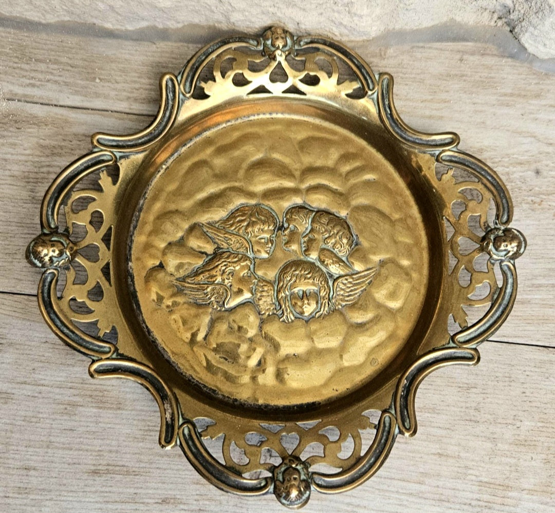 Antique Repoussé Brass Card Tray or Pin Dish "A Child's Angels" (Reynolds Angels) motif 14cm