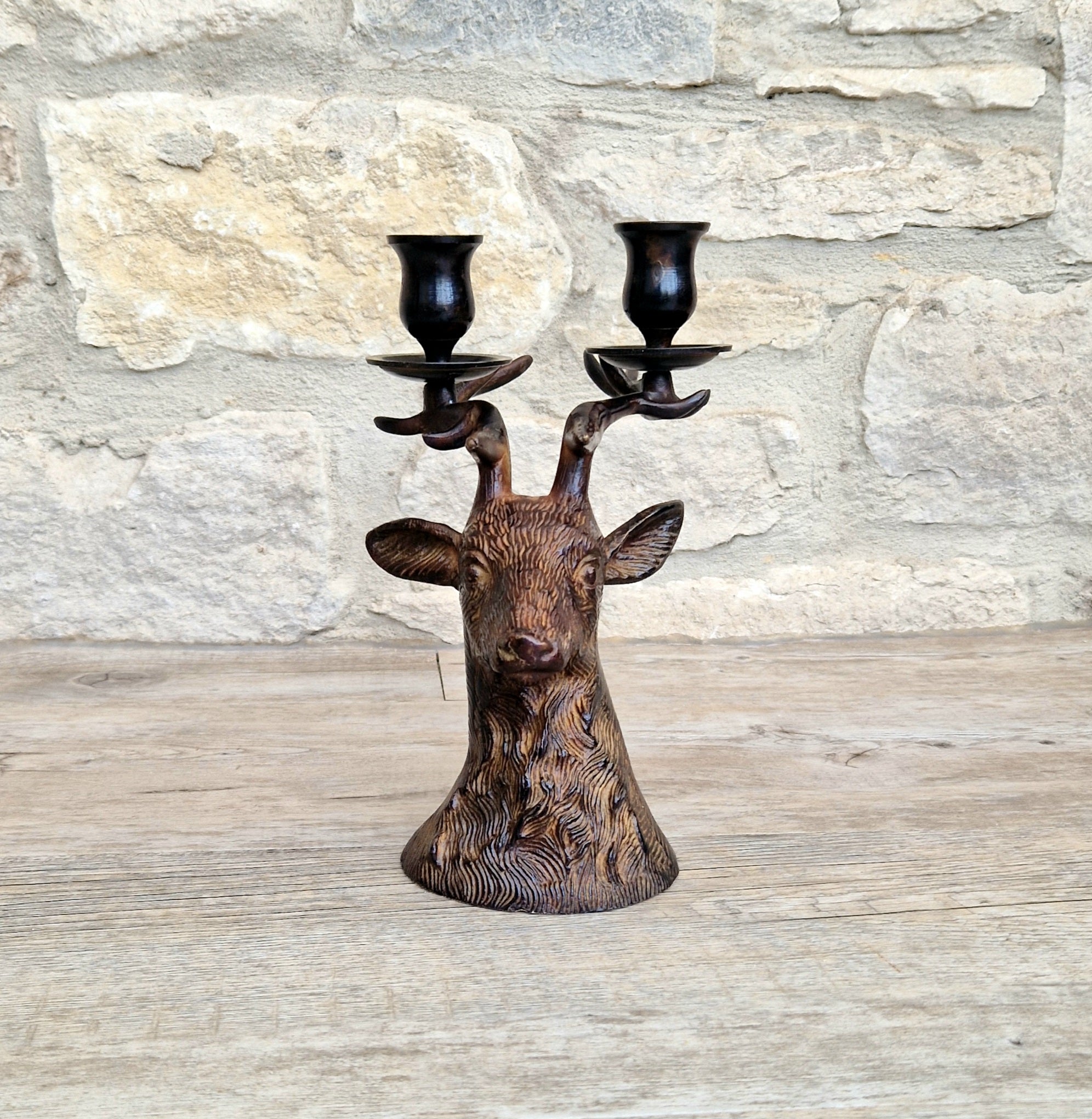 Vintage Heavy Patinated Bronze Stag Head Bust Double Candle Holder Table Decor