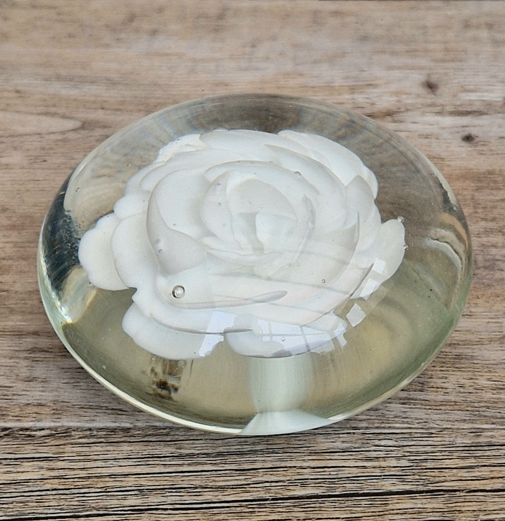 Vintage White Rose Lenticular Glass Paperweight