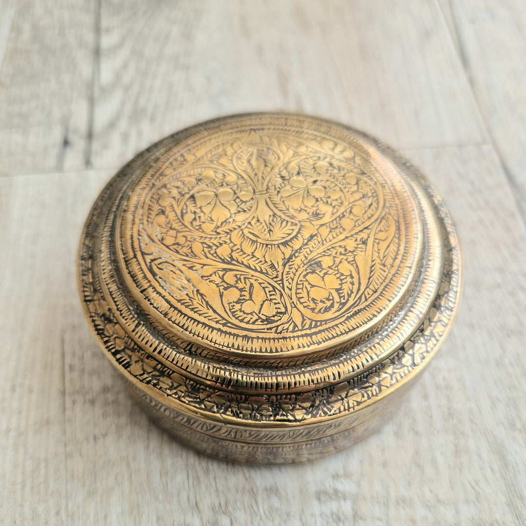 Antique 19th Century Deccan Indian Floral Engraved Pandan Brass Betel Nut Box