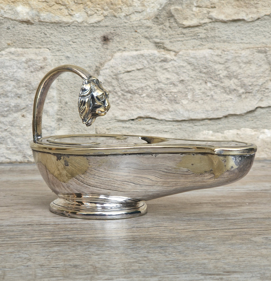 Antique Victorian Silver Plated Spoon Warmer Brass Oil Lamp Style Lion Mask Handle