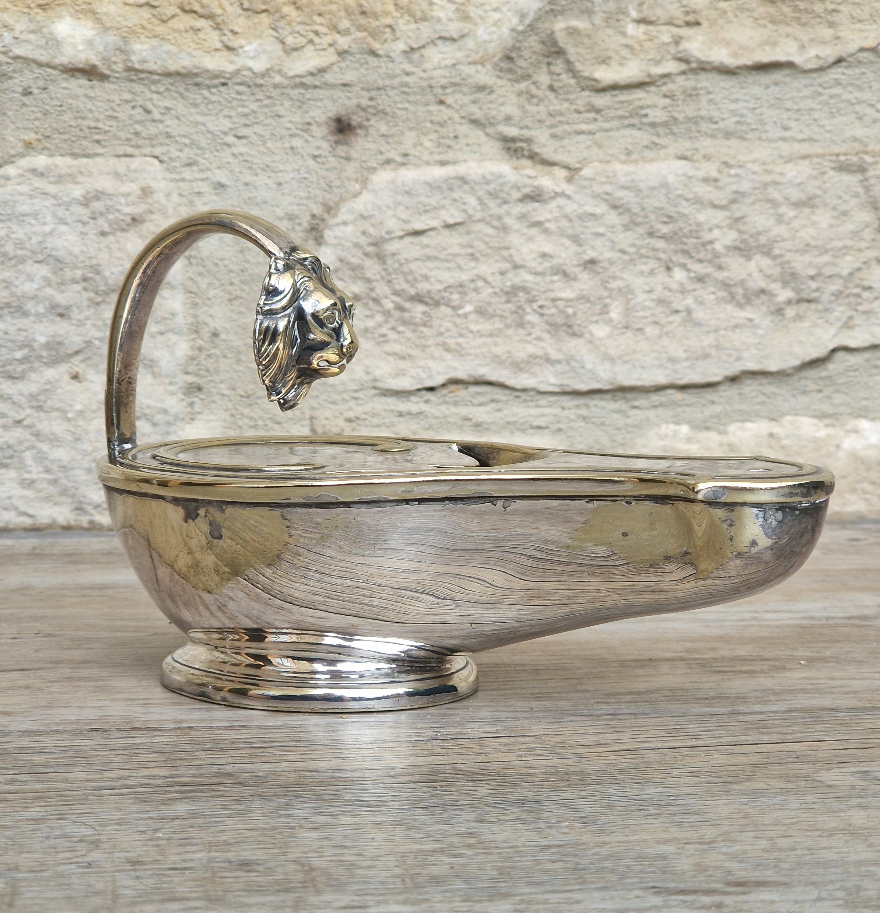 Antique Victorian Silver Plated Spoon Warmer Brass Oil Lamp Style Lion Mask Handle