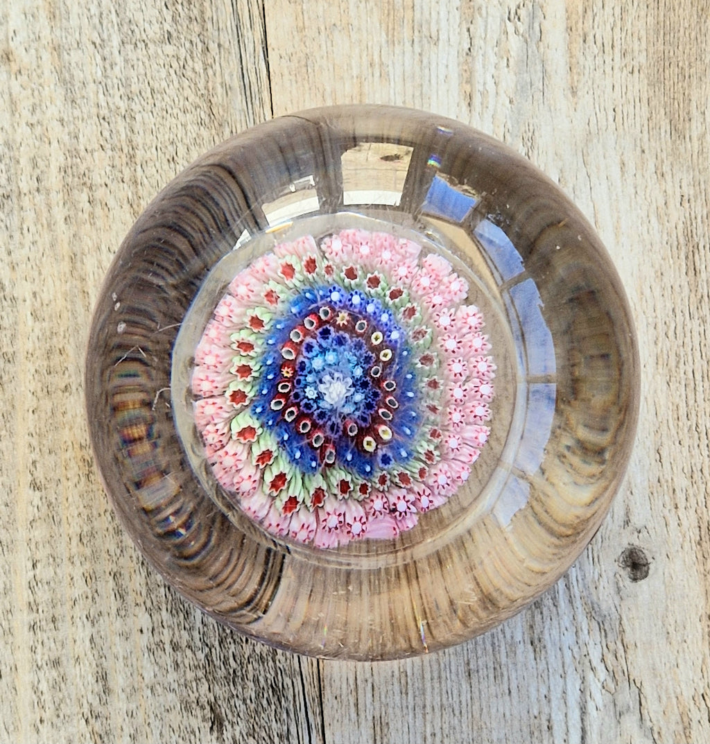Old English Richardsons Magnum Concentric Millifiore Canes Footed Glass Paperweight
