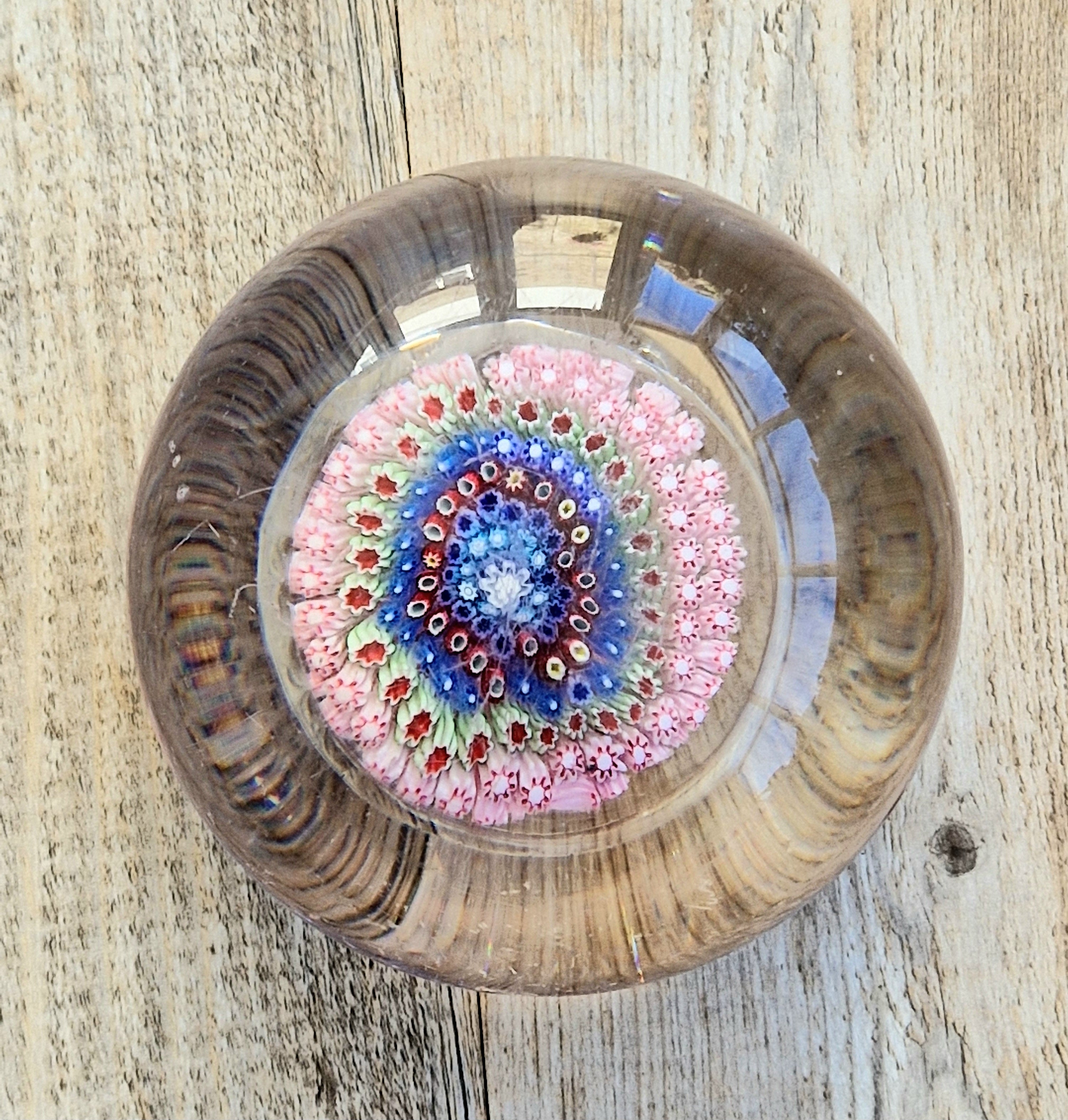 Old English Richardsons Magnum Concentric Millifiore Canes Footed Glass Paperweight