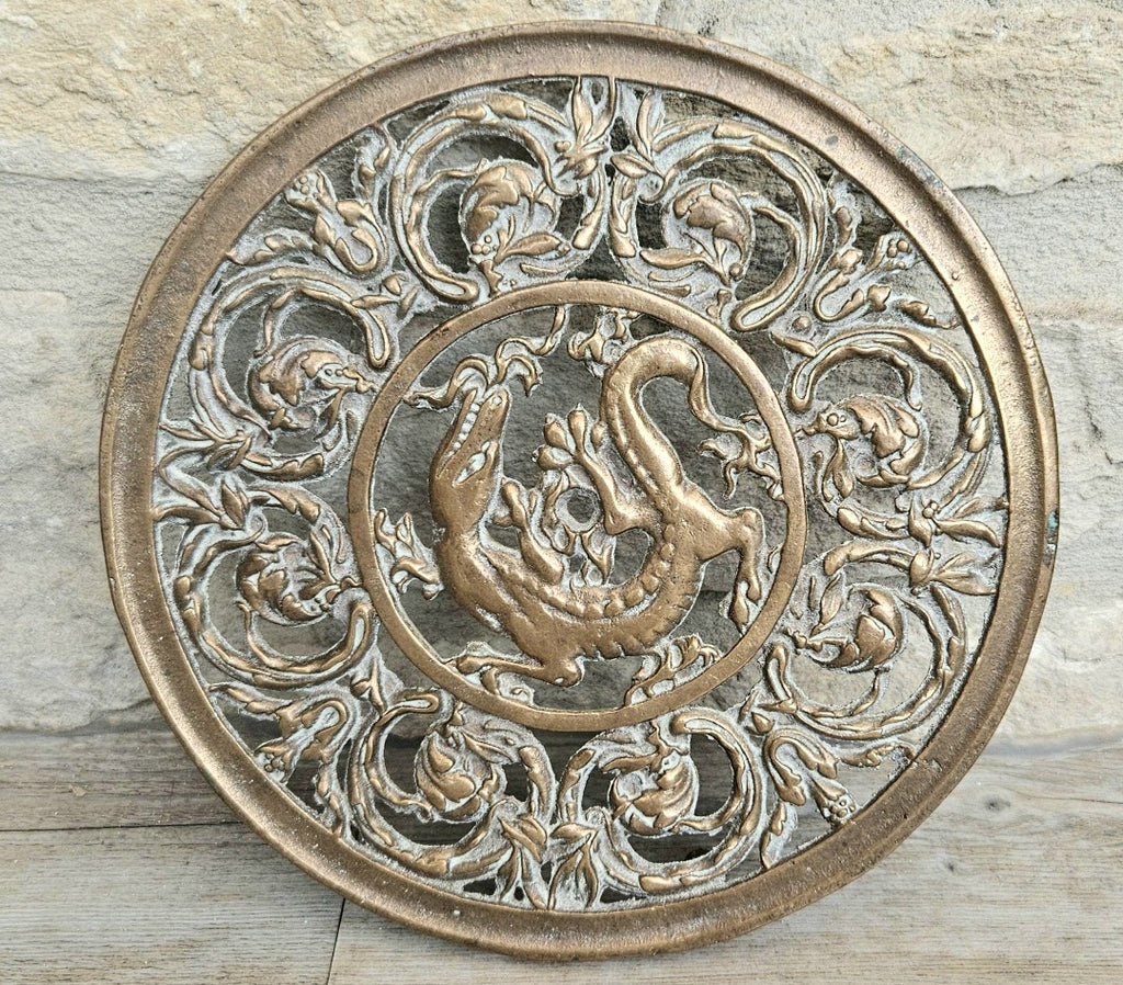 Vintage Filligree Ornate Brass Dragon Round Trivet Stand 20cm Diameter