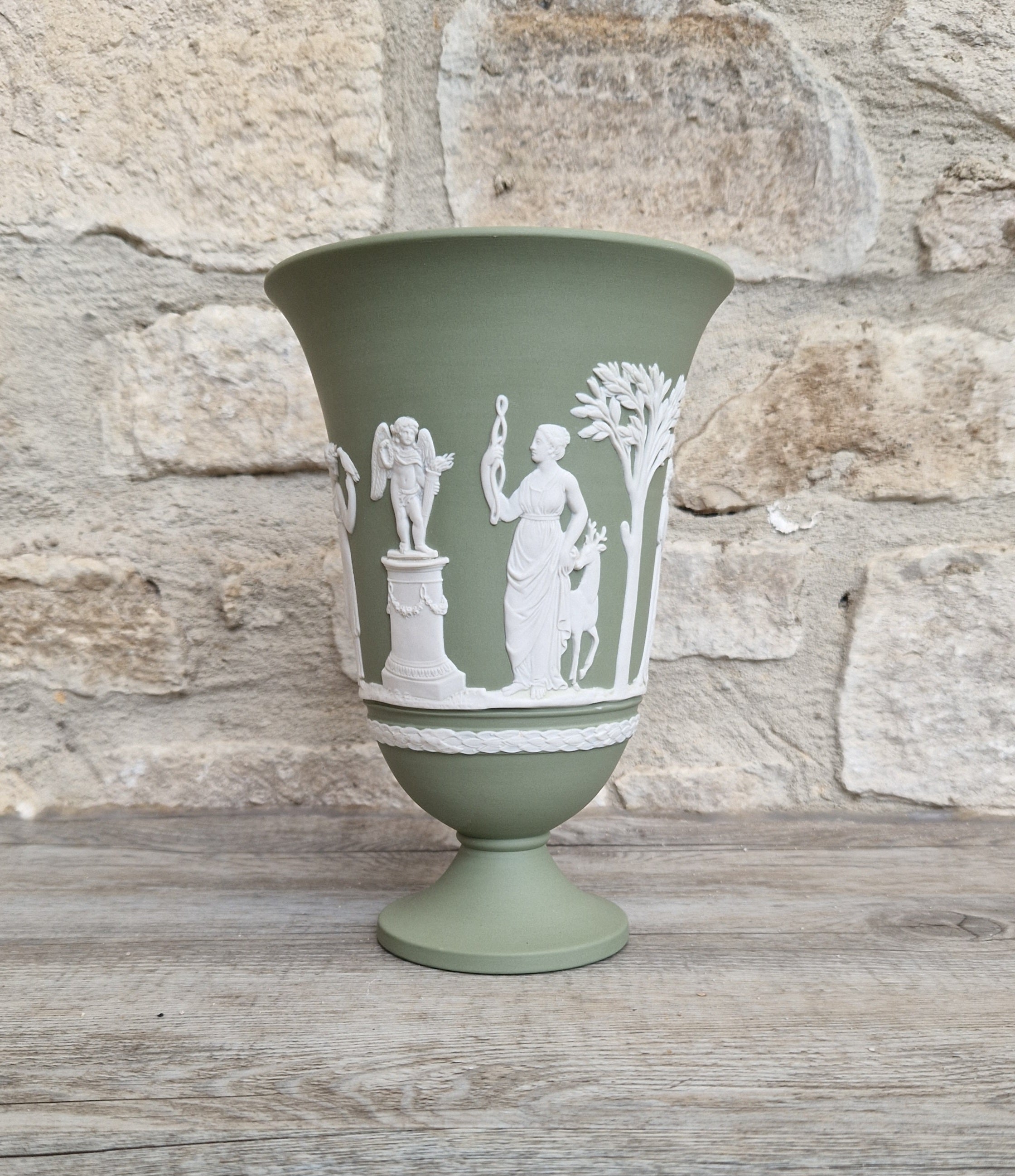 Wedgwood Sage Green Jasperware Arcadian Pedestal Trumpet Mantle Vase - Vintage.Made in England 17cm Tall
