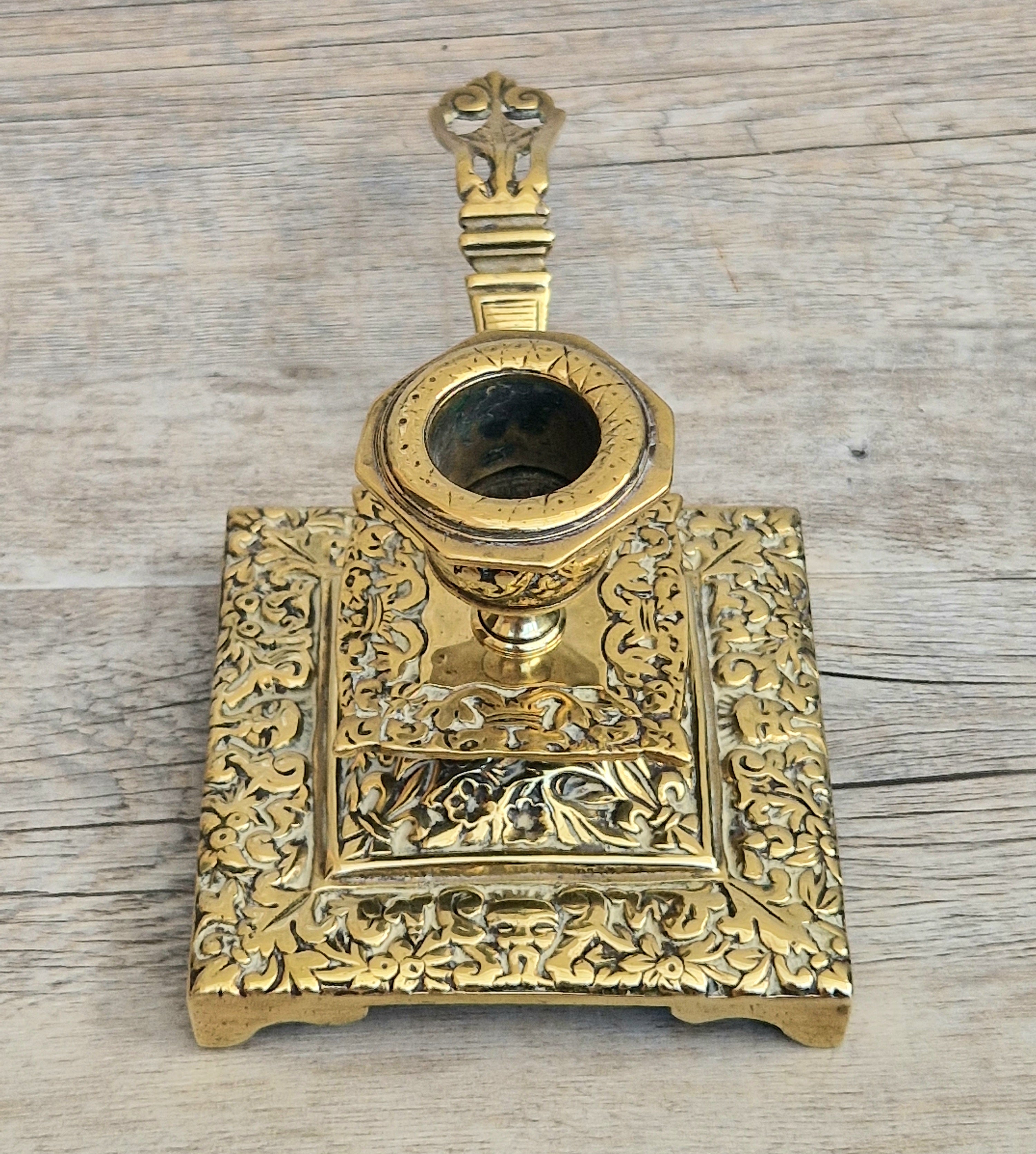 Fine French Antique Rococo Solid Brass Square Tiered Footed Chamberstick