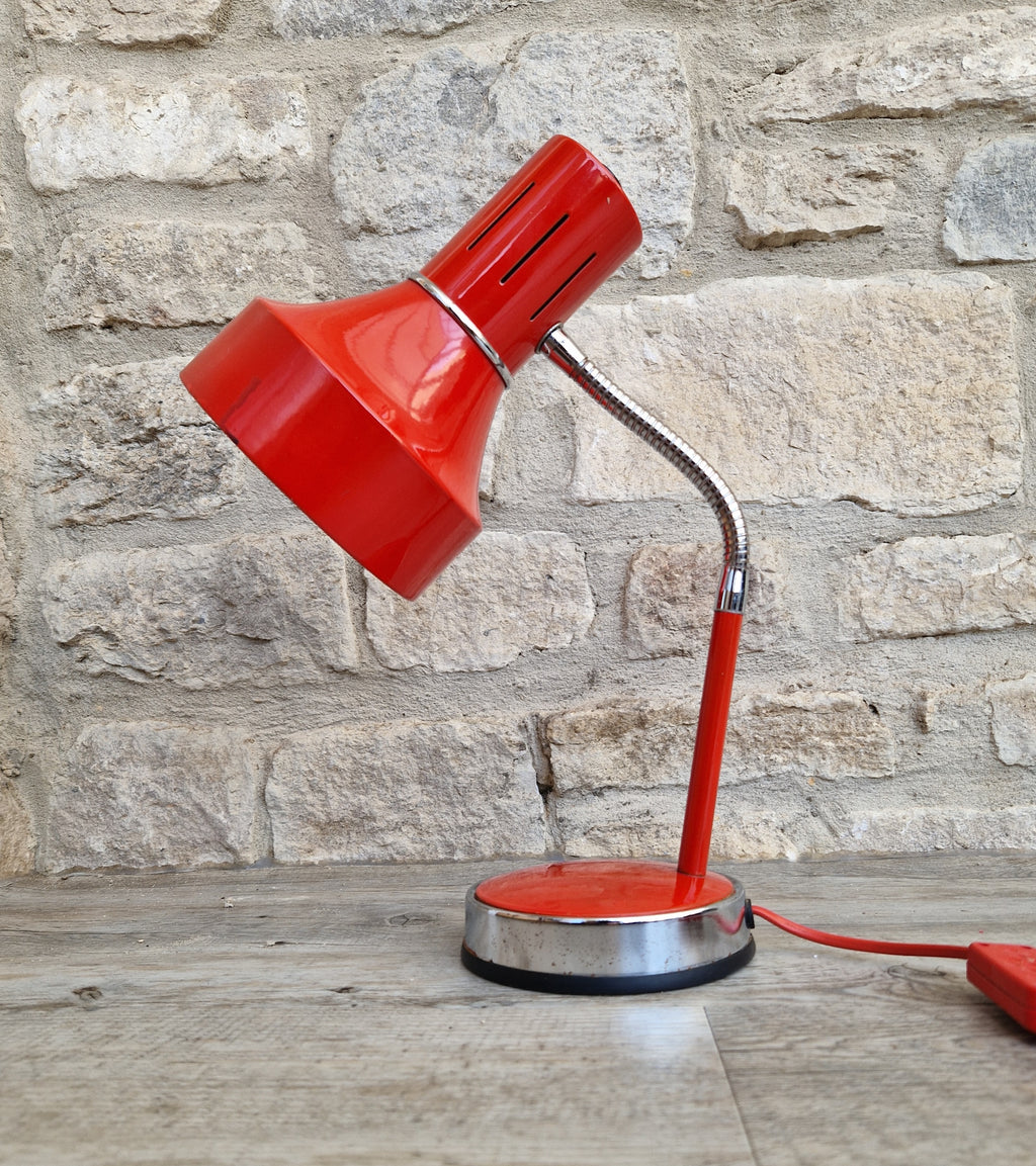 1980s Cherry Red Desk Lamp: Mid Century Space Age Flexible Lamp