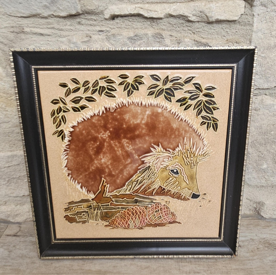Large Framed Majolica Hedgehog Tile Wall Hanging Vintage Made in England Cottagecore Woodland Decor