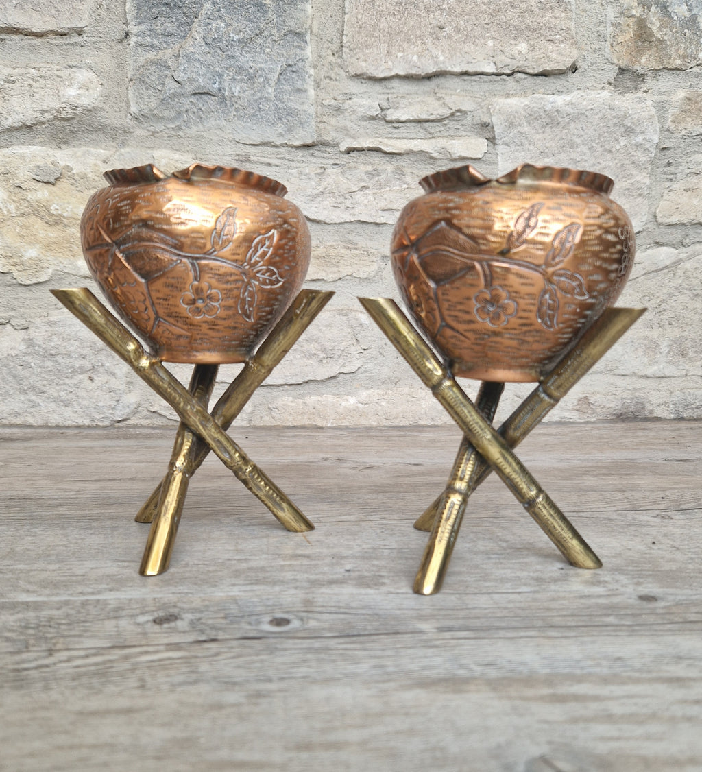 Pair of Antique Japanese Aesthetic Movement Arts & Crafts Copper And Brass Faux Bois Jardinieres
