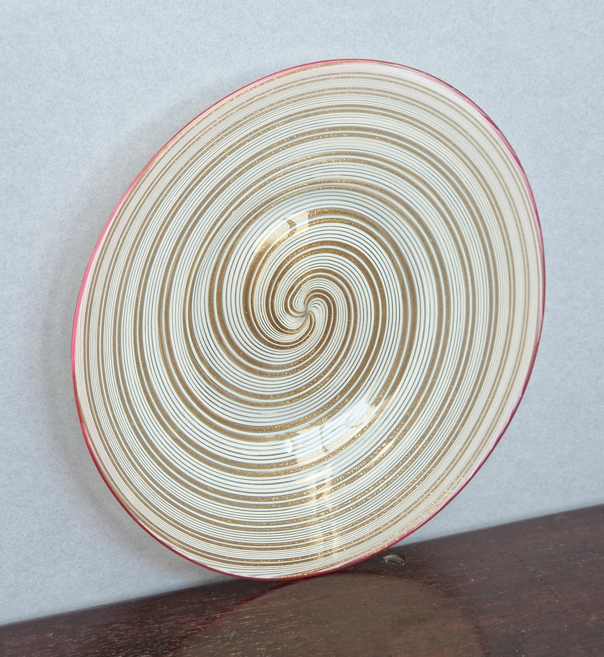 Antique Salviati Murano Glass Plate, Mezza Filigrana, Copper Aventurine, Red Rim, Venetian, c.1860–1872, 17.8cm, Rare Collectable