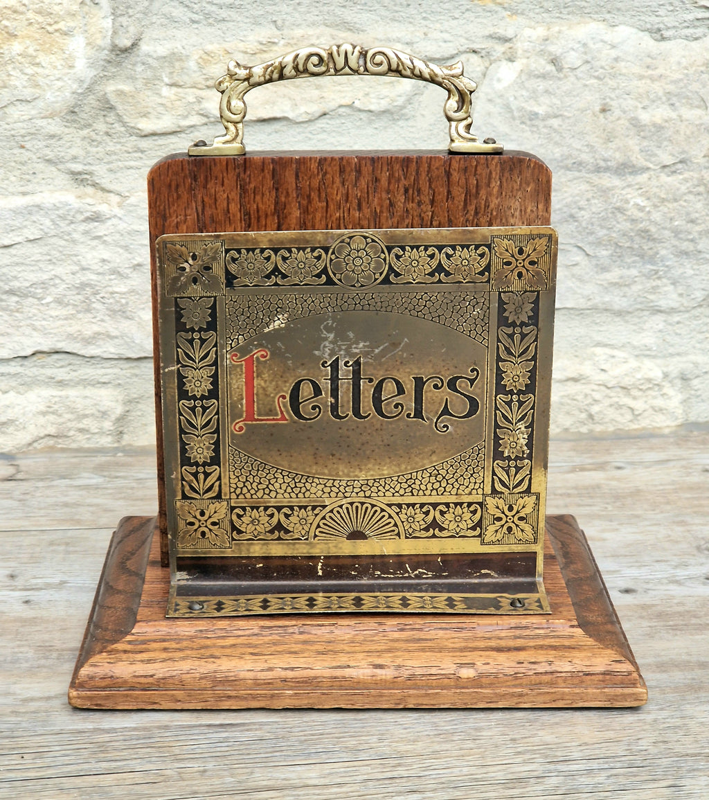 Antique Arts & Crafts Brass And Quarter Sawn Oak Gentleman's Handled Double Letter Rack Stand